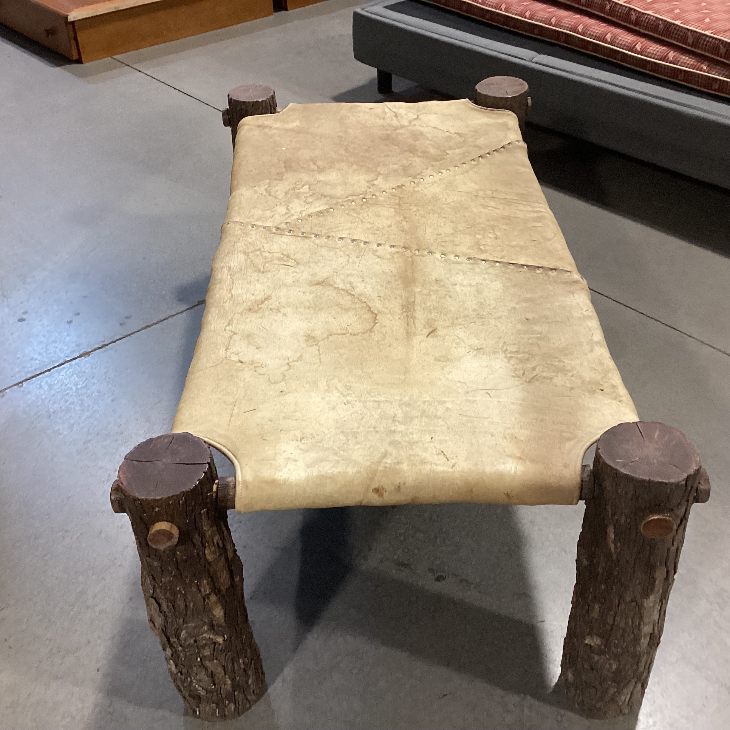 Rustic Log & Leather Nailhead Bench Ottoman 60"x 32"x 20"