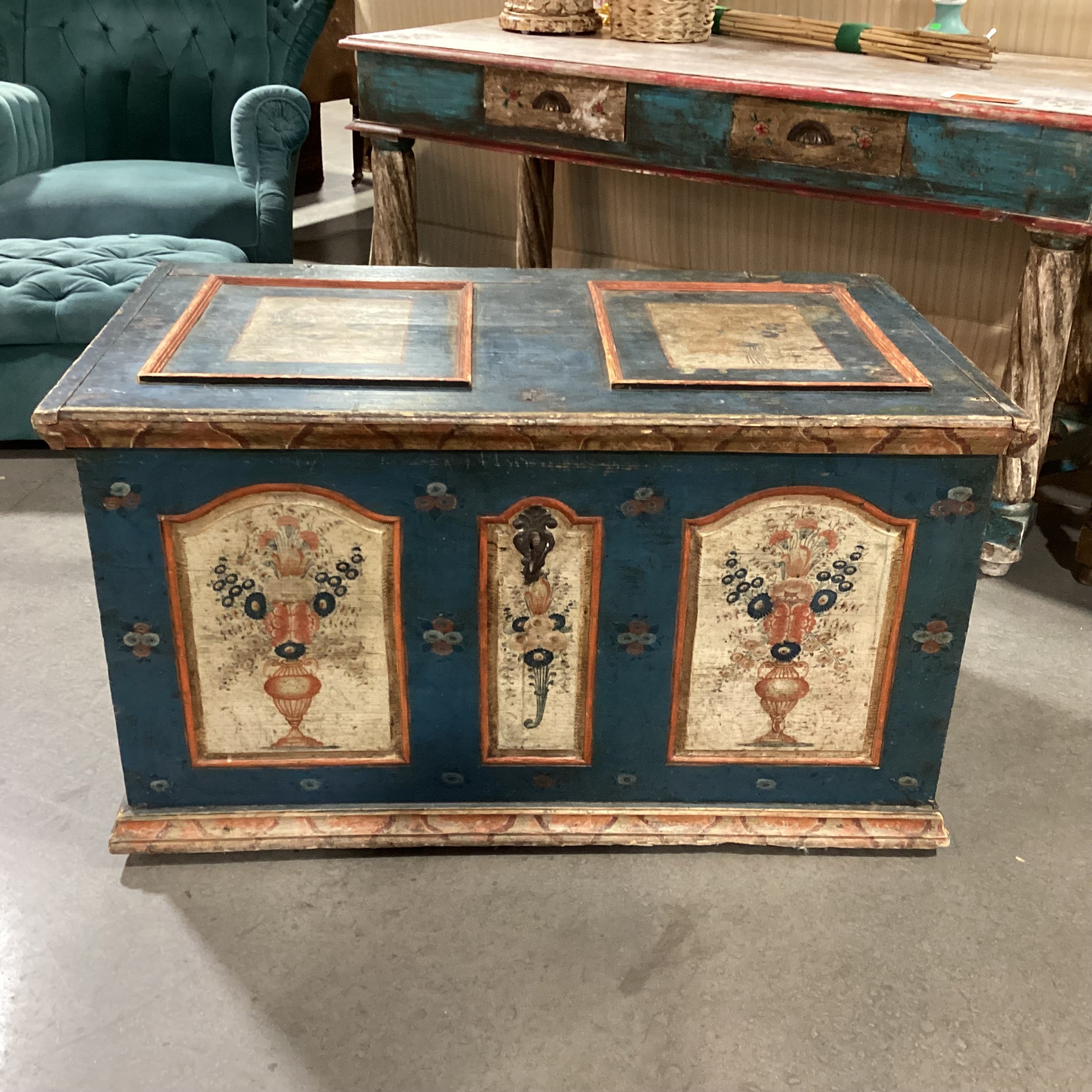 Antique Carved Wood Hand Painted Blue with Floral Panels Trunk 42"x 25"x 23.5"