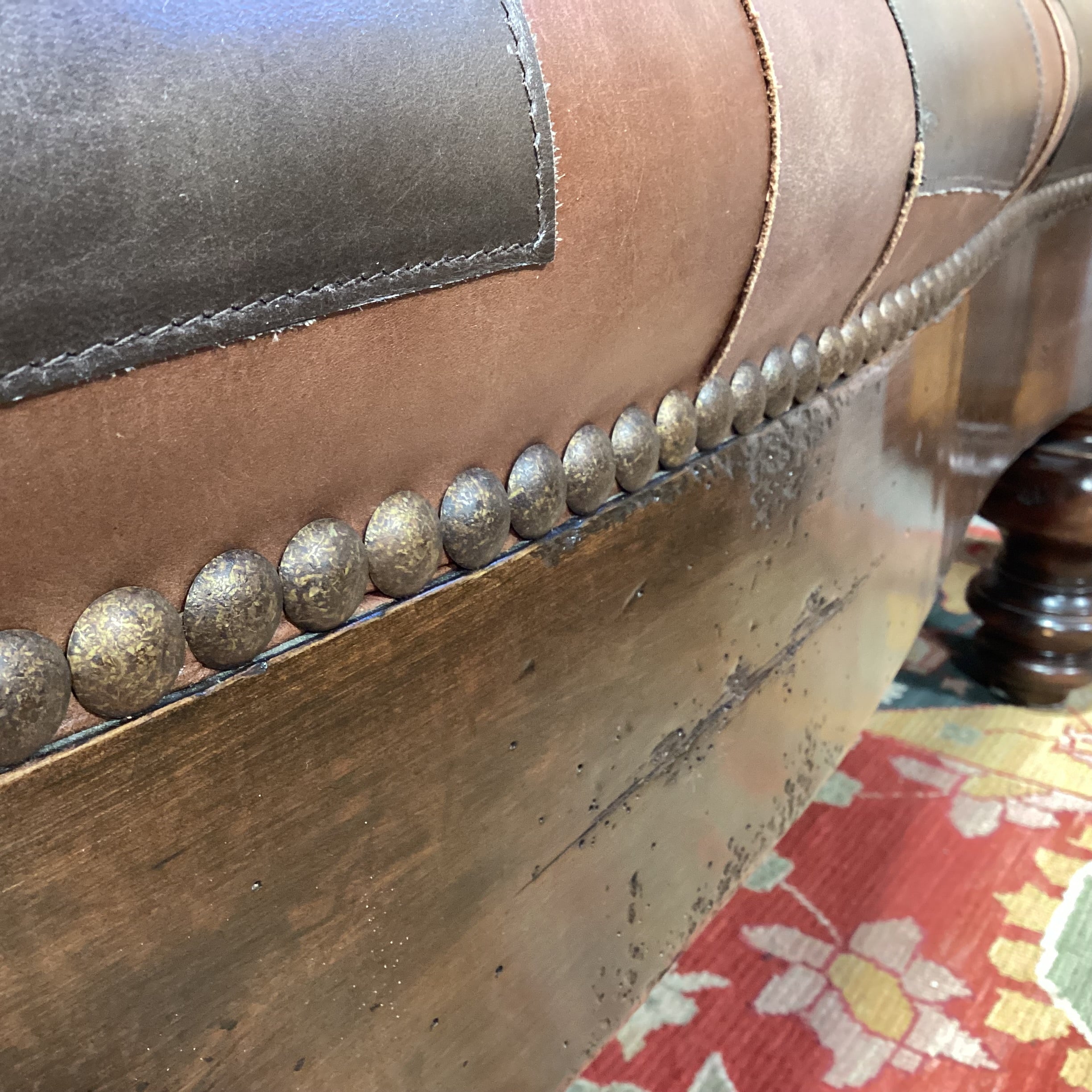 T J Hooker Brown Tones Patchwork Leather Nailhead & Carved Distressed Wood Cocktail Ottoman 61"x 41"x 20"