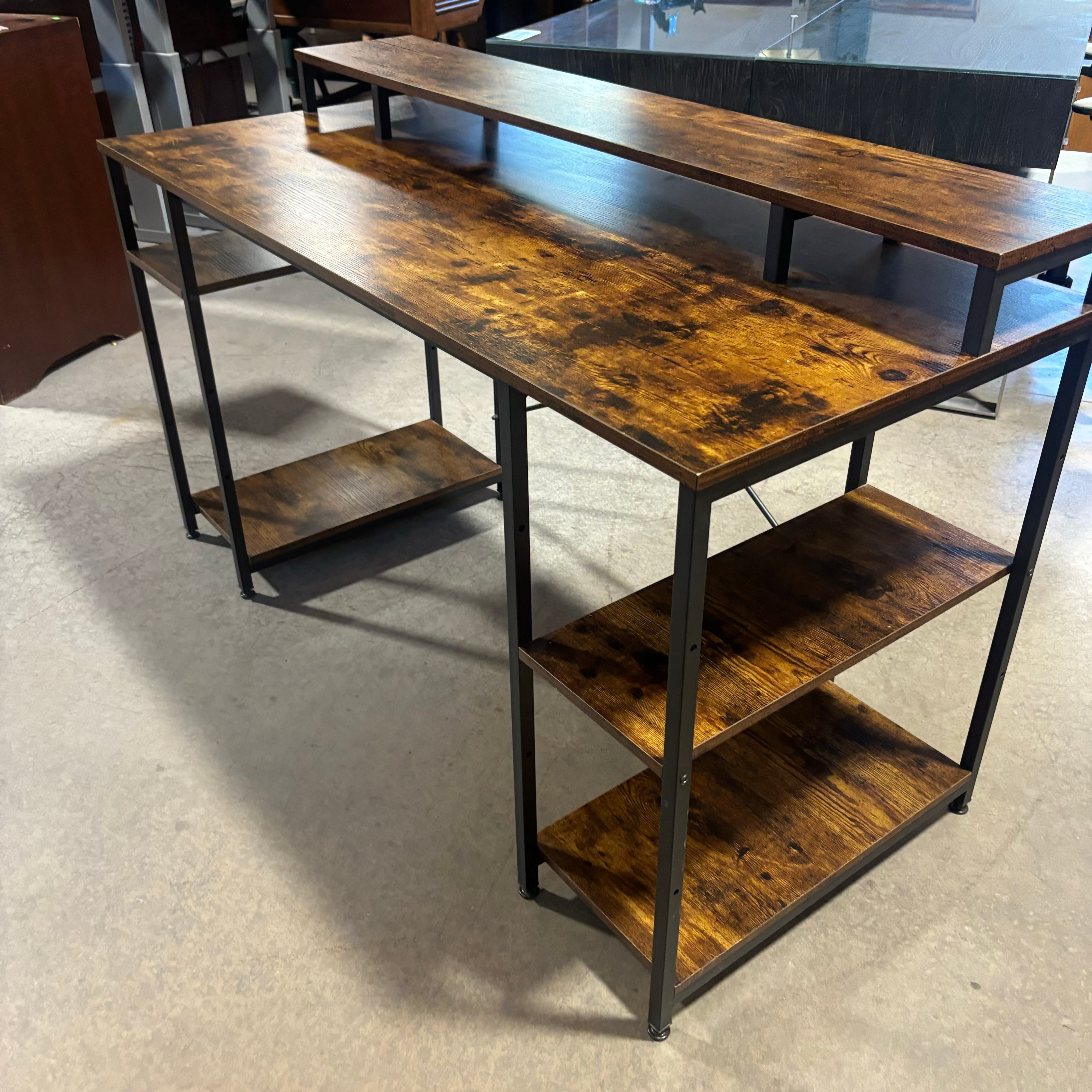 Wood Style Laminate with Metal Legs 4 Shelves & Multi Surface Top Desk 55.5"x 23.5"x 34"
