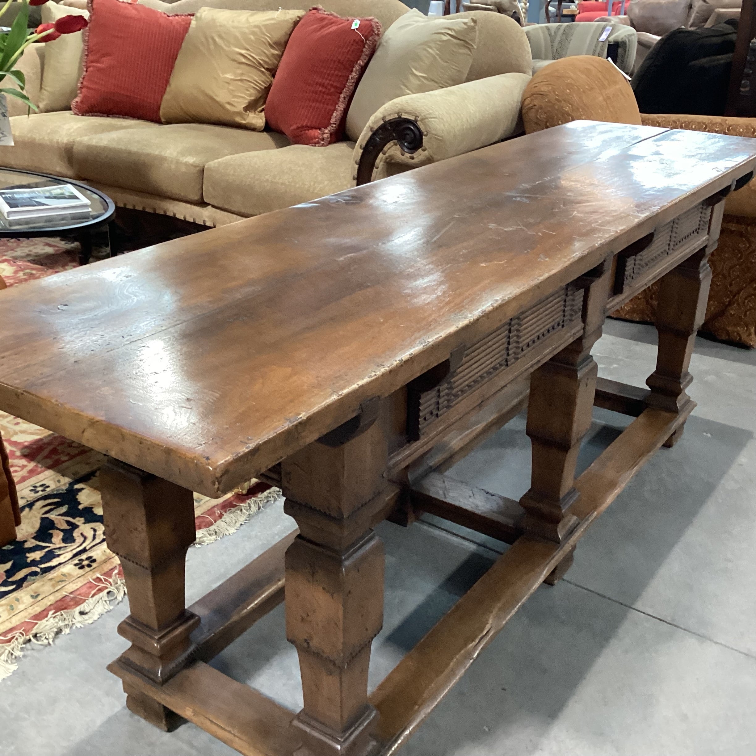 Rustic Distressed Solid Carved Wood 2 Drawer Console Sofa Table 82"x 22"x 30"