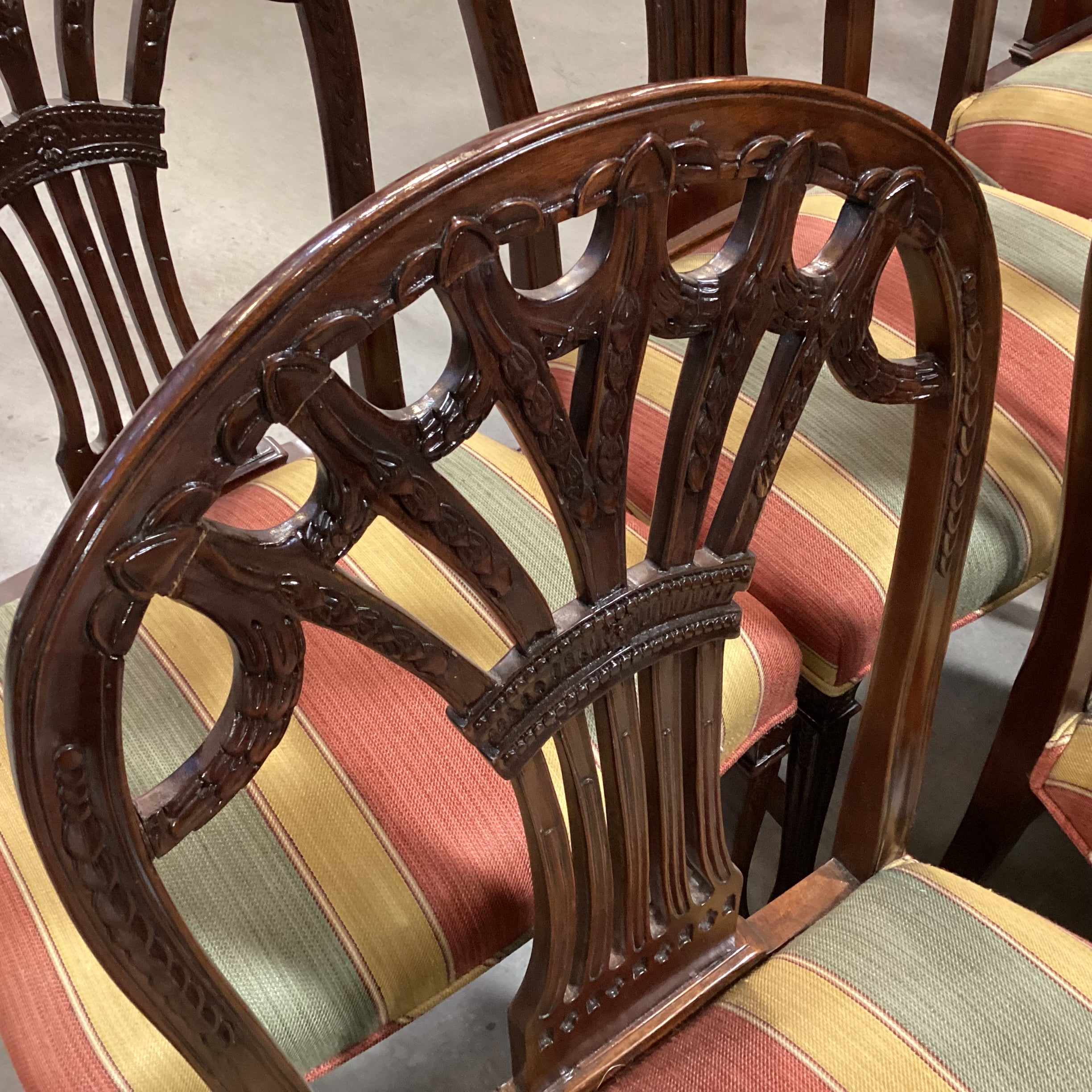 SET of 10 Ornate Carved Finished Wood & Gold Burnt Orange Sage Woven Stripe Dining Chairs 22"x 22"x 39"