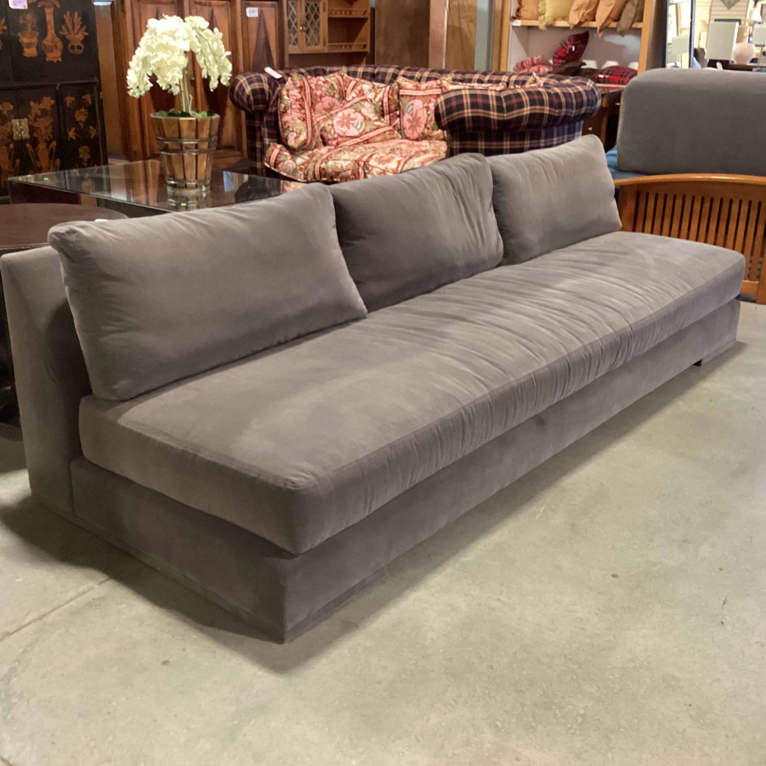 Verellen Grey Velvet & Down Modern Armless Sofa 110"x 42"x 30"