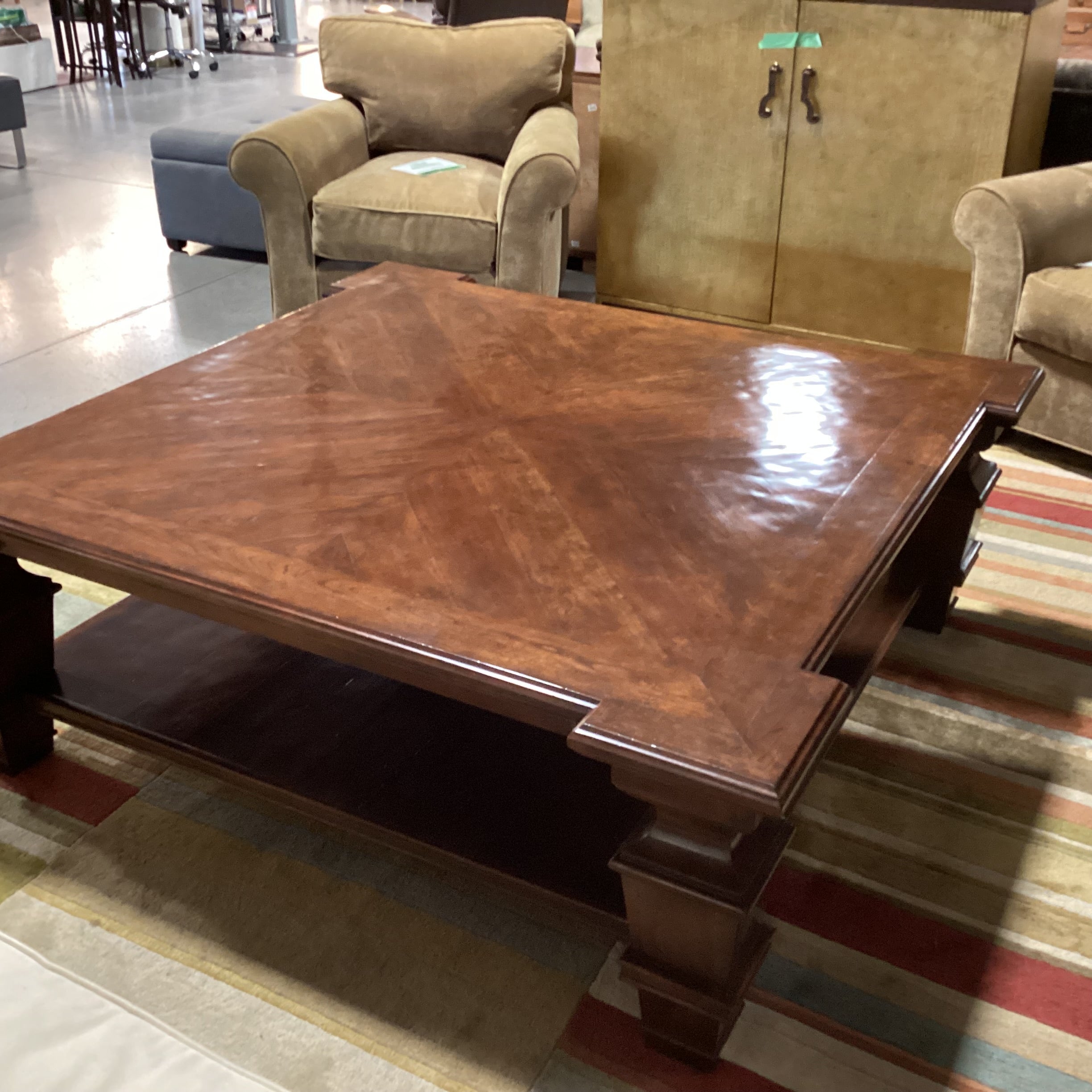 Carved Wood with Dark Lacquered Distressed Finish Matched Inset & Bottom Shelf Coffee Table 60"x 60"x 21"