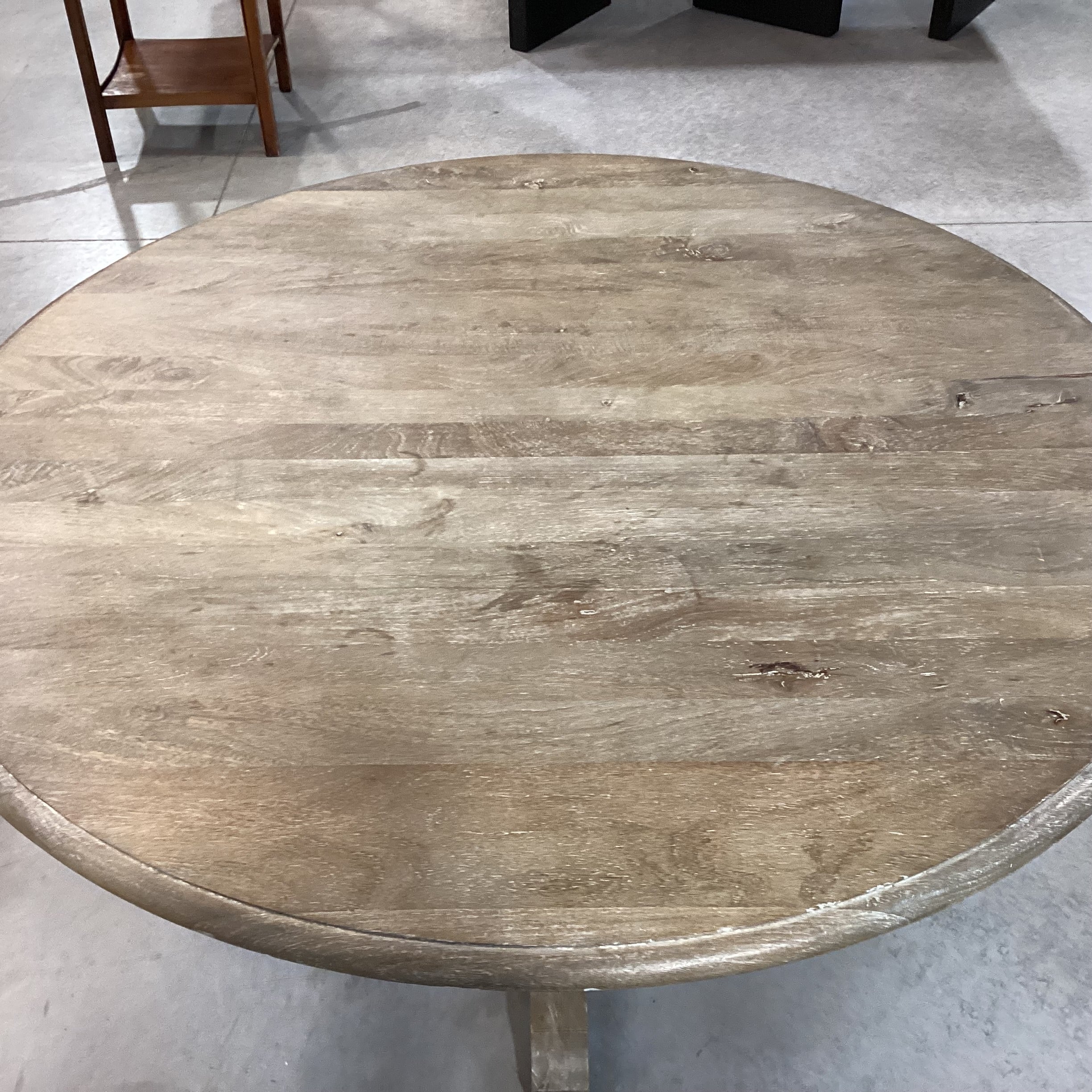 Pottery Barn Linden Grey Washed Mango Wood Round Pedestal Dining Table 60" Diameter x 30.5"
