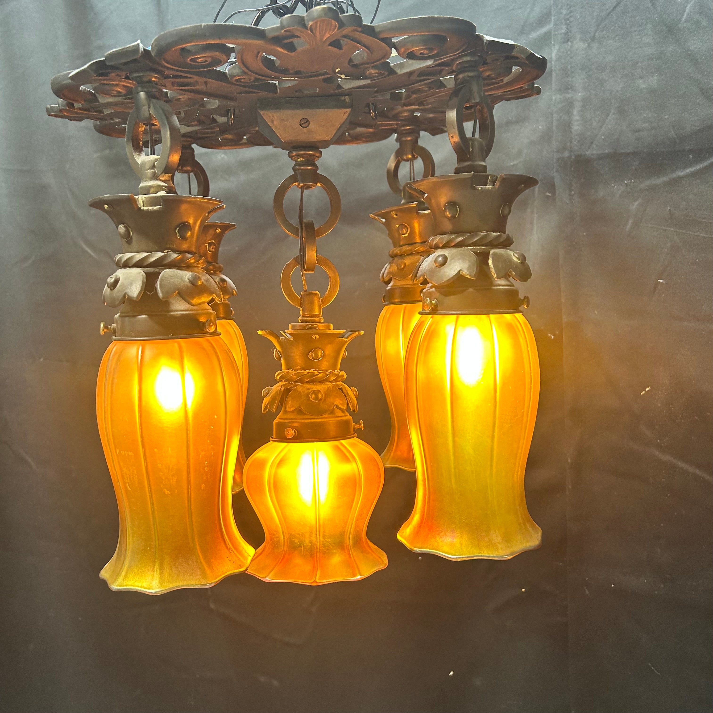 Caldwell Lighting Circa 1905 Cast Iron With 4 Steuben & 1 Quezal Iridescent Glass Shades Flush Mount 15"x 12.5"ades