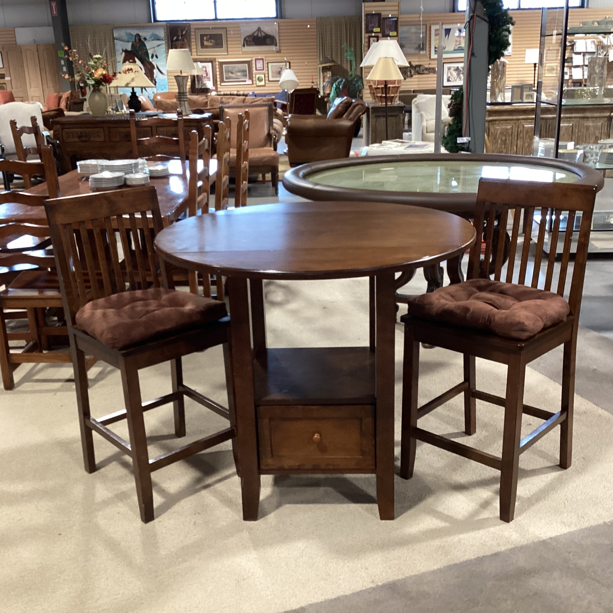 Finished Wood Round with Drop Sides & 1 Drawer Pub Height Table with 2 Barstools Dining Set 40" Diameter x 36"