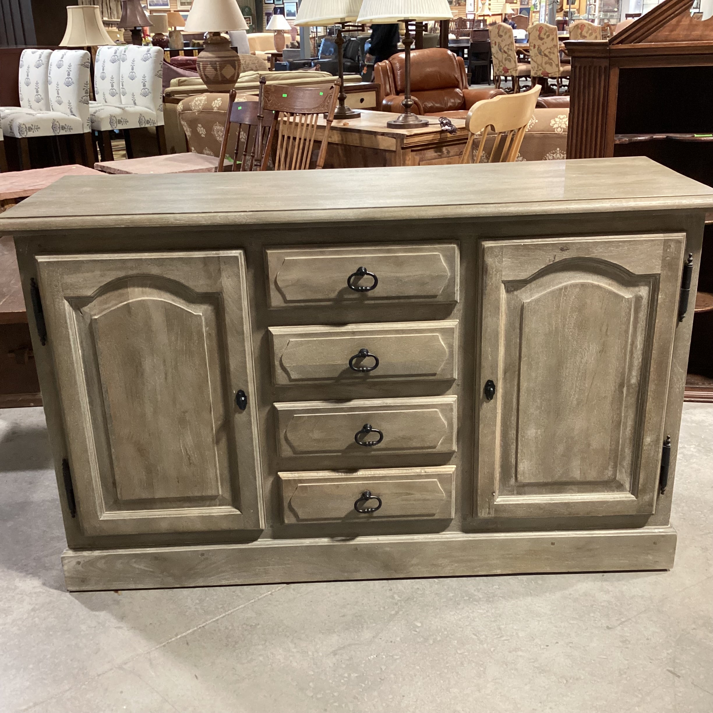 Pottery Barn Linden Grey Washed Mango Wood 2 Door 4 Drawer Buffet Sideboard 60"x 20"x 36"