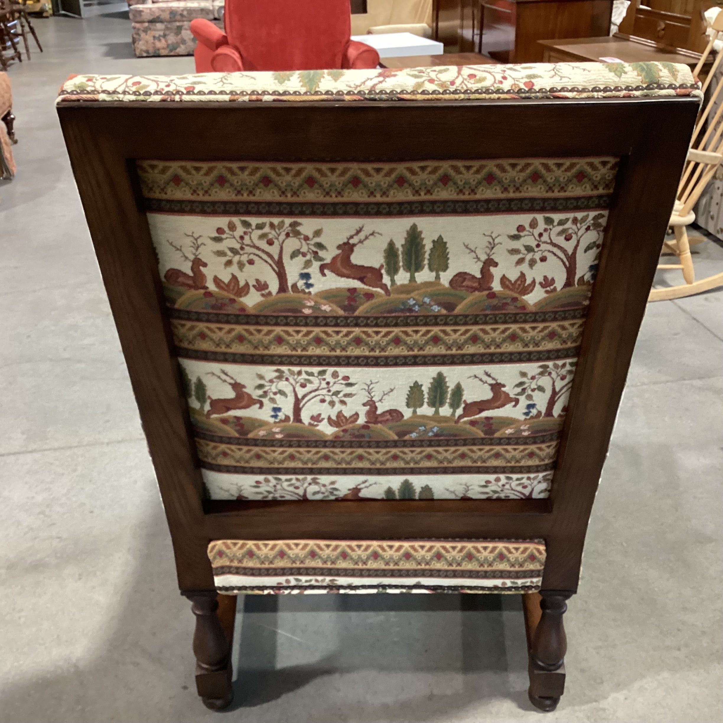 Dindy Foster Interiors Custom Deer Floral Nailhead & Carved Wood Highback Chair 31"x 31"x 47"