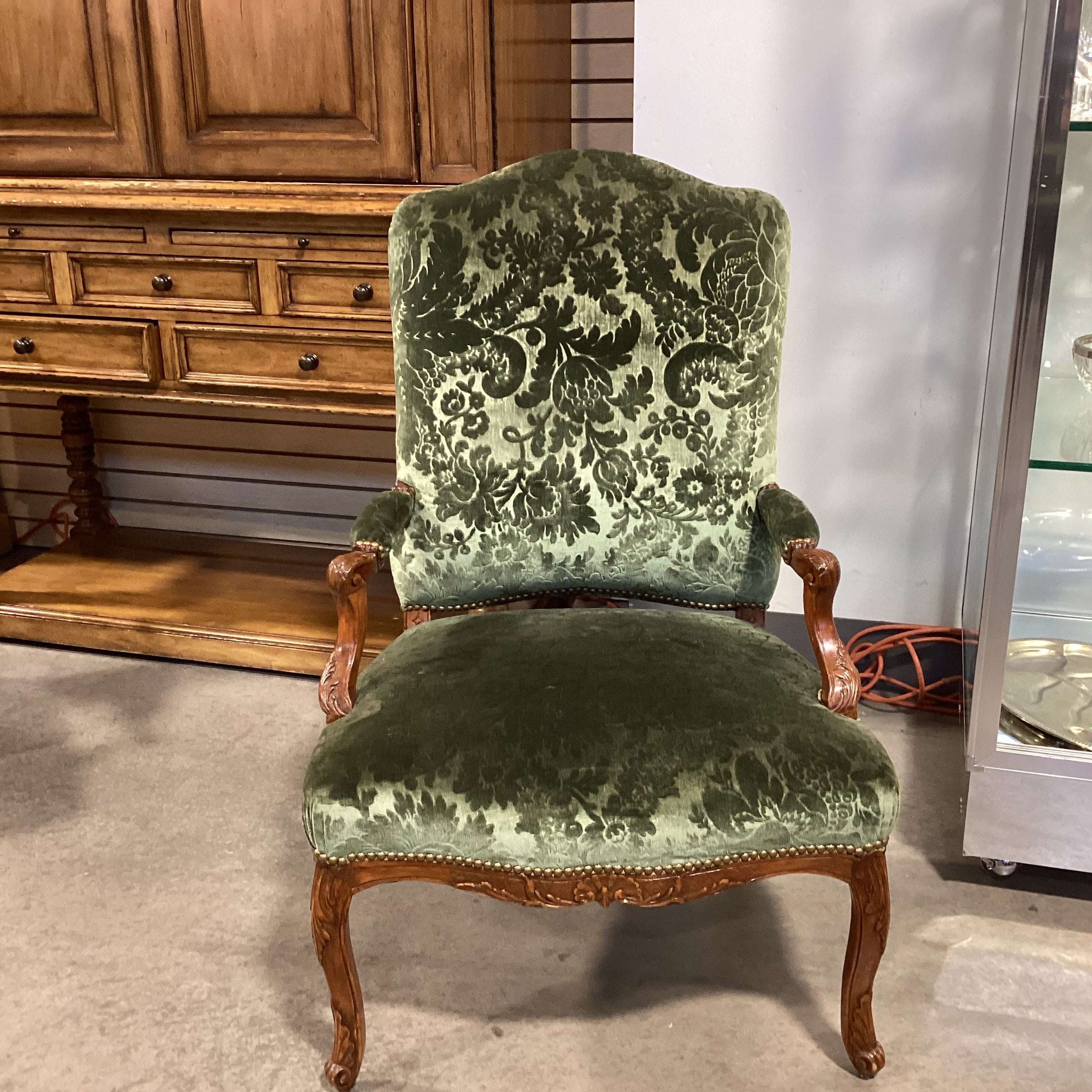 Vintage Carved Wood with Green Raised Floral Velvet & Nailhead Chair 28"x 28"x 42"
