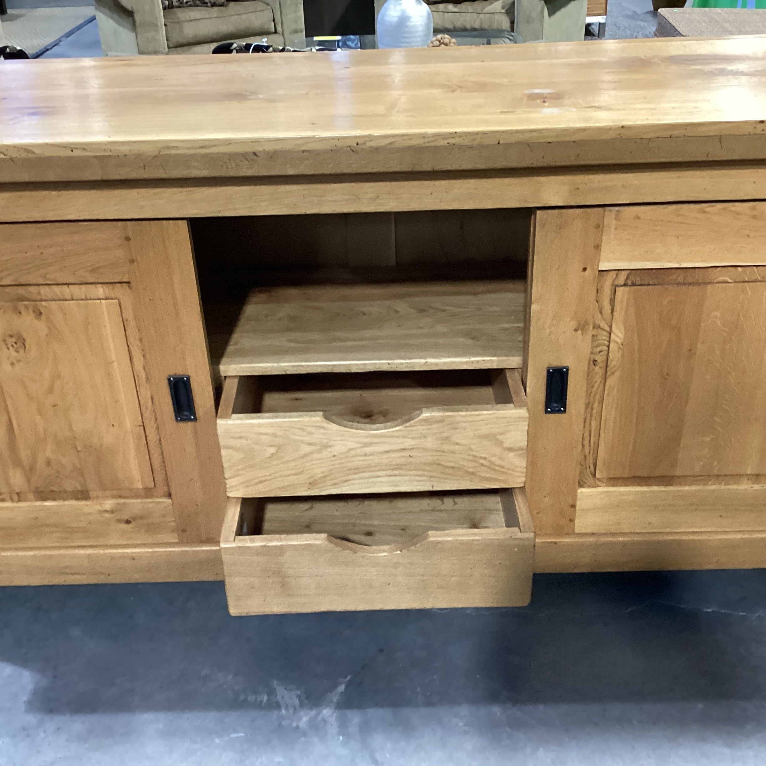 Williams Sonoma Solid French Oak 3 Sliding Doors Shelves & 2 Drawers Mendocino Sideboard 81"x 21.5"x 36.5"