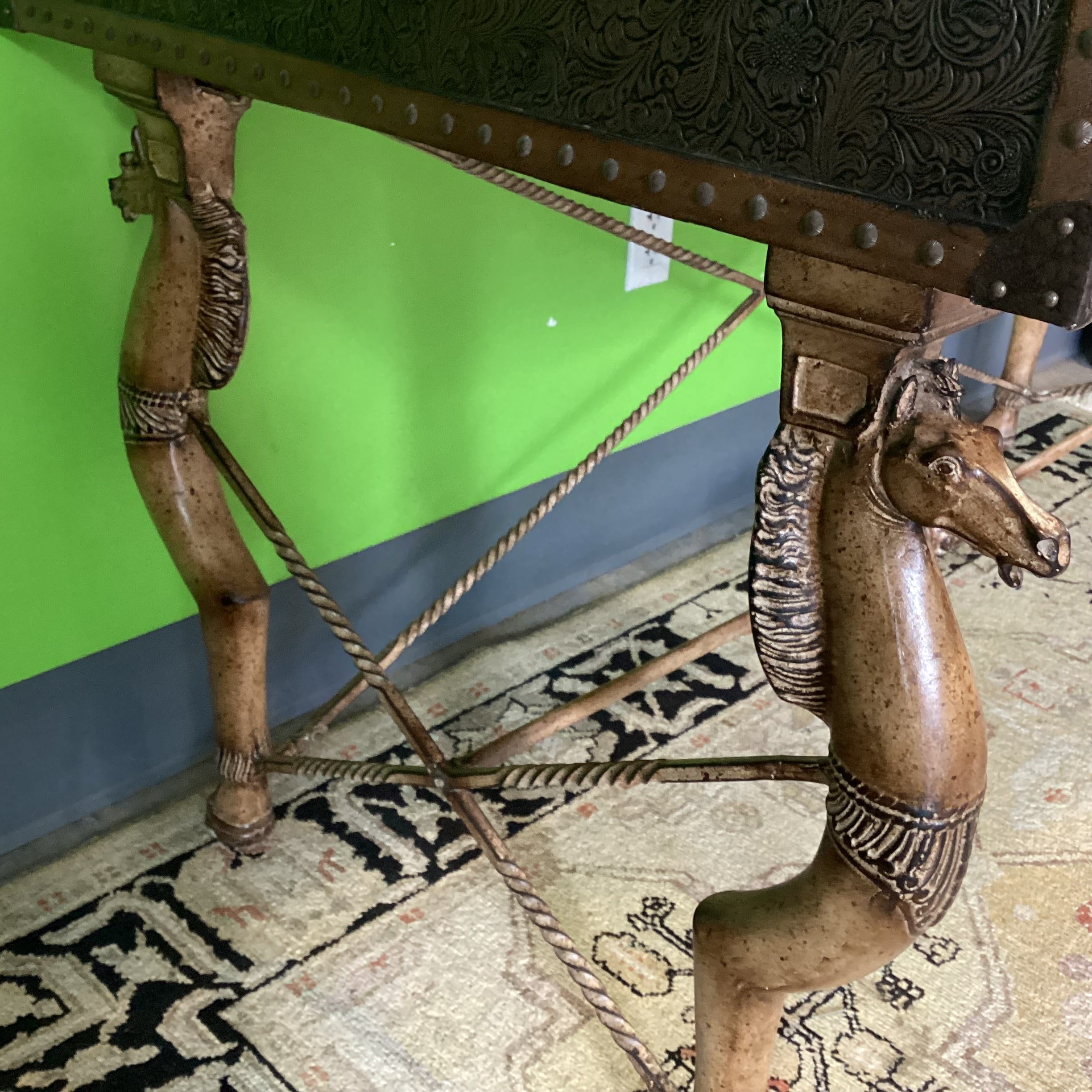 Maitland Smith Carved Horse Iron & Embossed Leather Nailhead 3 Drawer Desk 57.5"x 30.5"x 32"