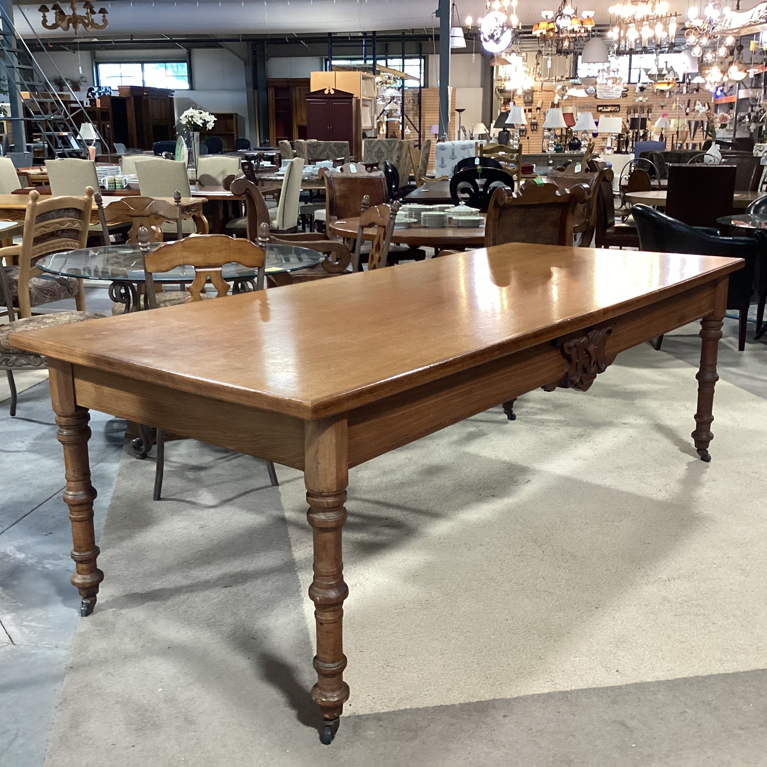 Antique Oak with Carved Detail on Casters Dining Table 98"x 42"x 32"