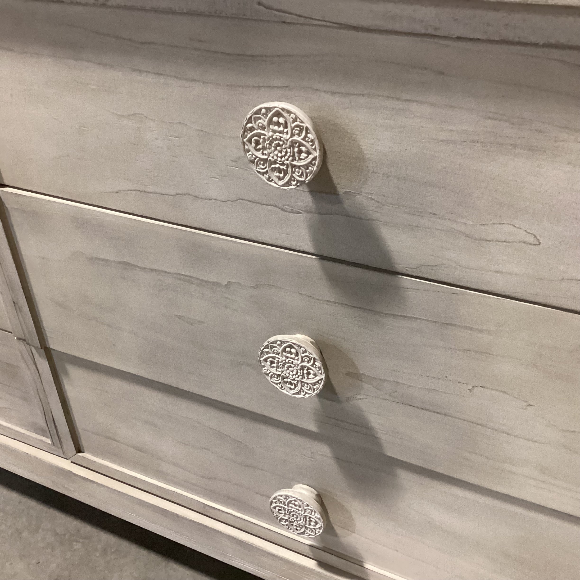 Bohemia White Washed Wood with Carved Mandala Pulls 6 Drawer Dresser 66"x 18"x 36"