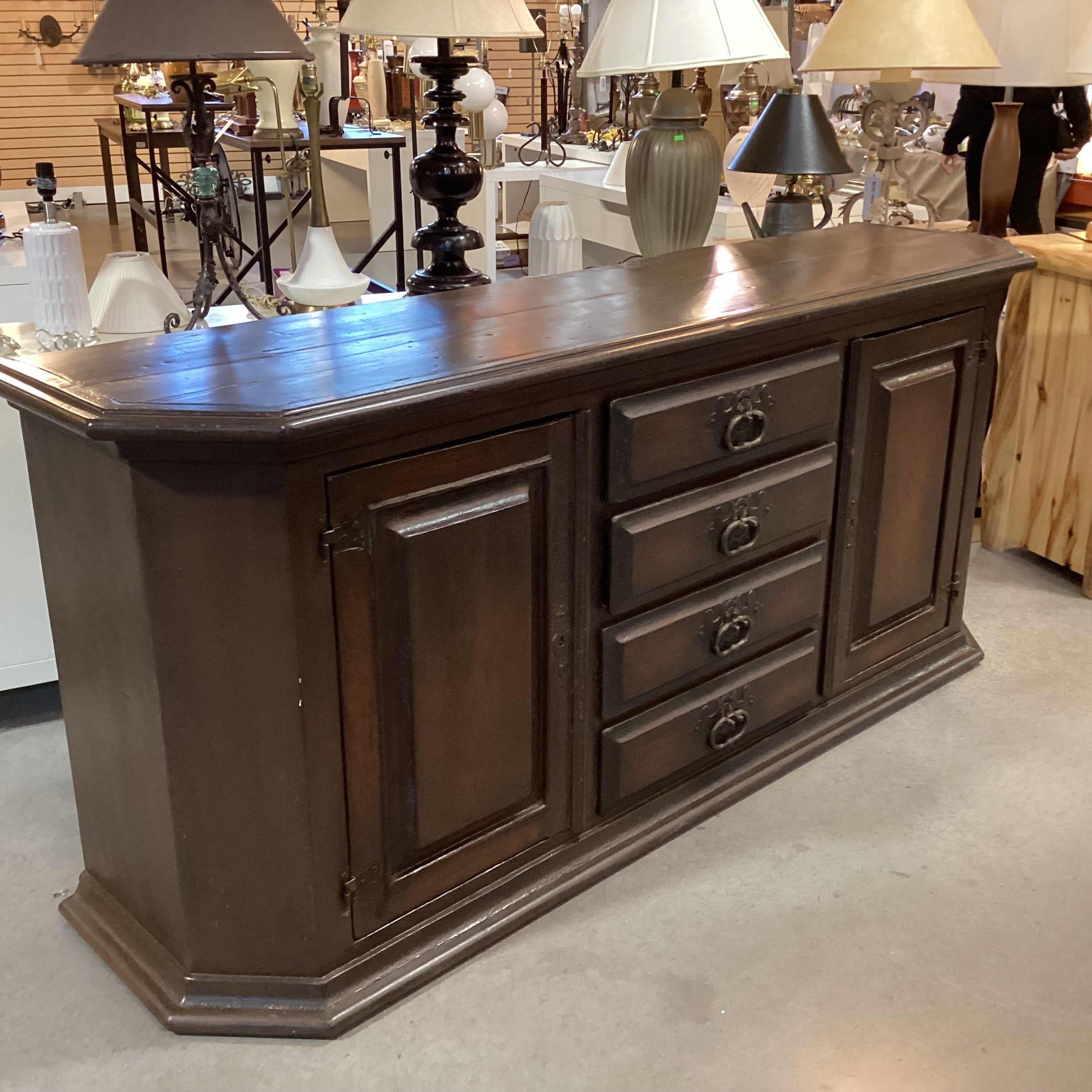 Vintage Antique Carved Wood with Iron Accent 4 Drawer 2 Door Buffet Sideboard 83"x 22"x 36.5"