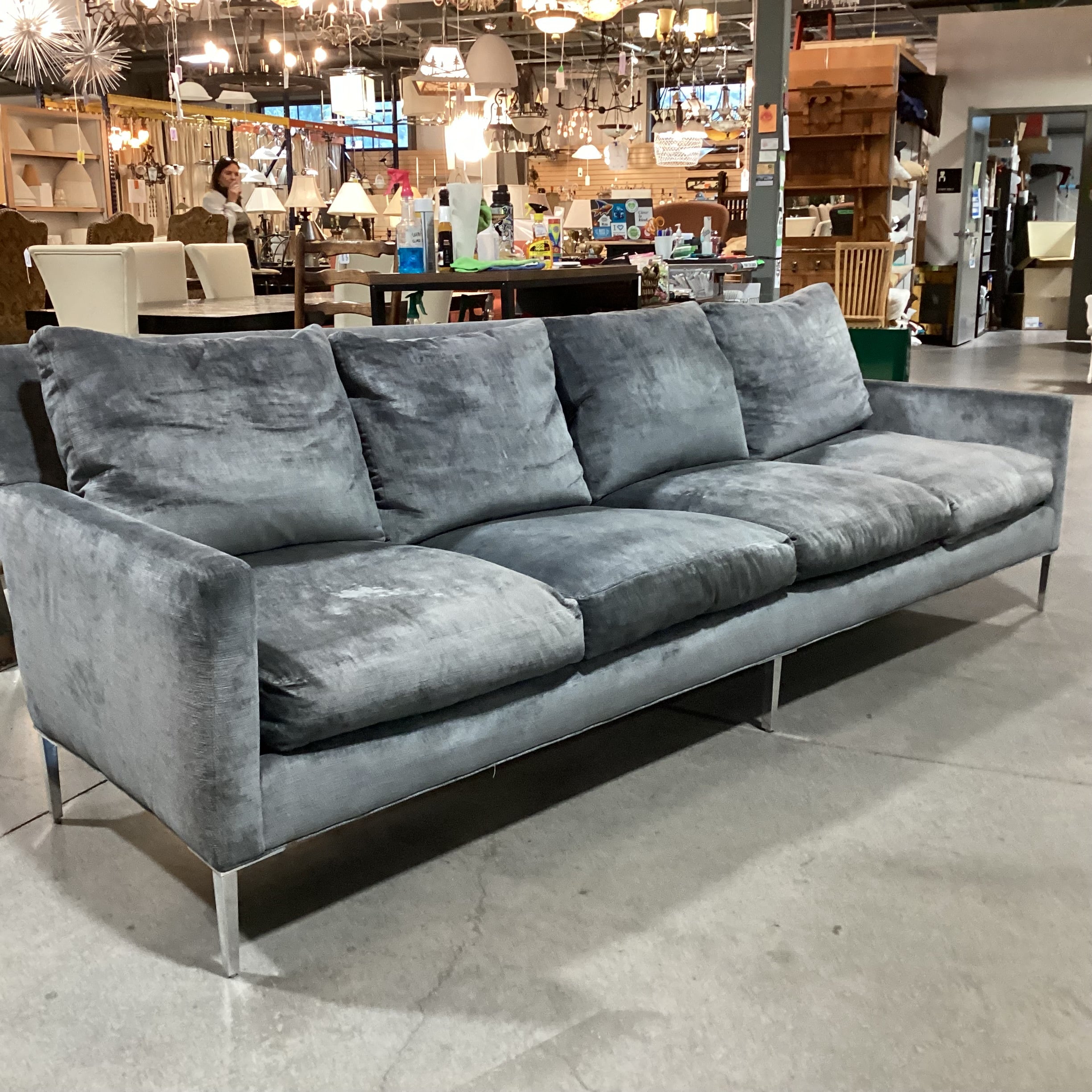Lee Industries Custom Blue Grey Textured Velvet Down Mix & Chrome Modern Sofa 107"x 36"x 34"