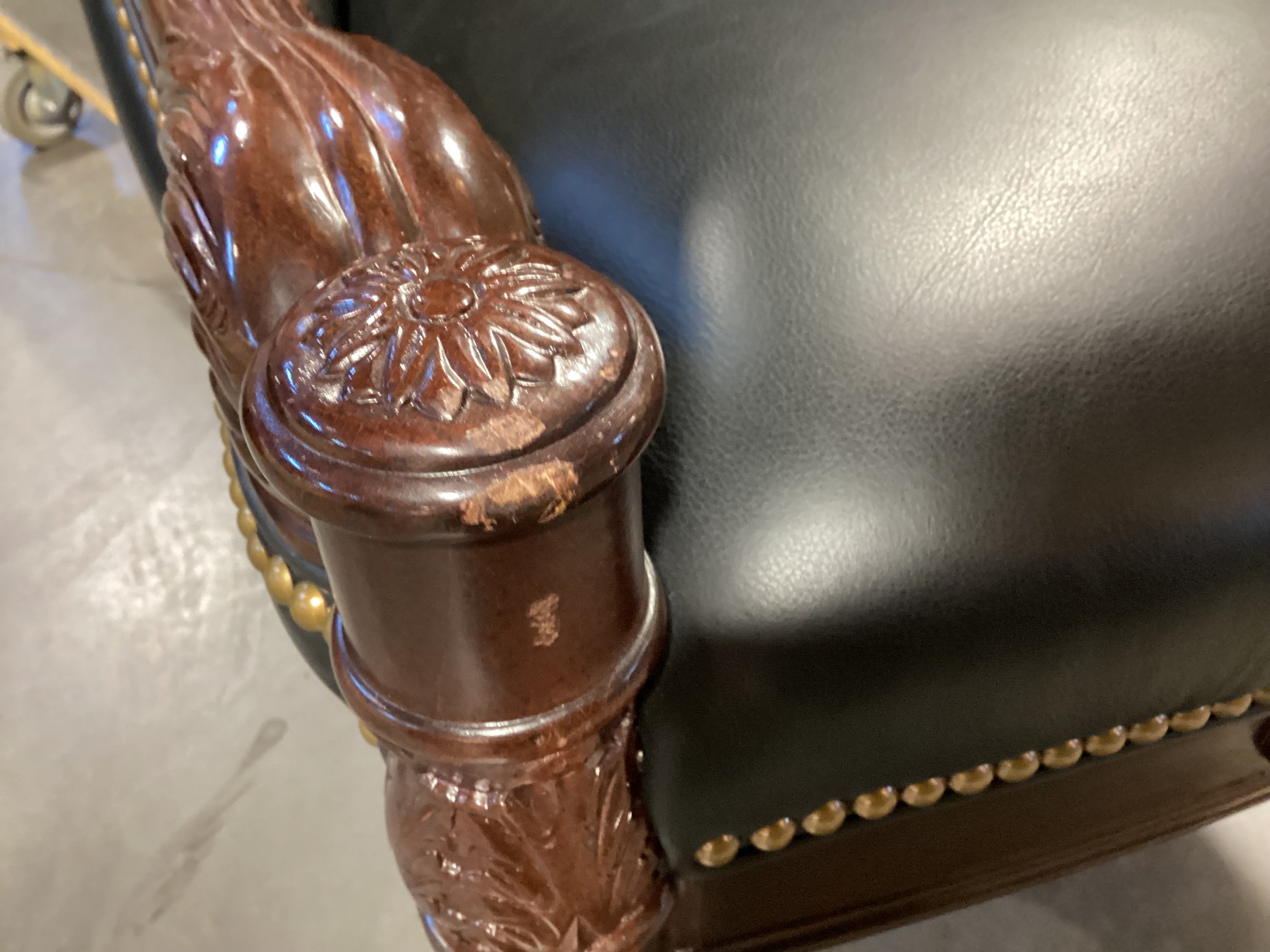 Hancock & Moore Ornate Carved Mahogany Finish Wood Black Leather Tufted Nailhead Chair 27"x 32"x 39"