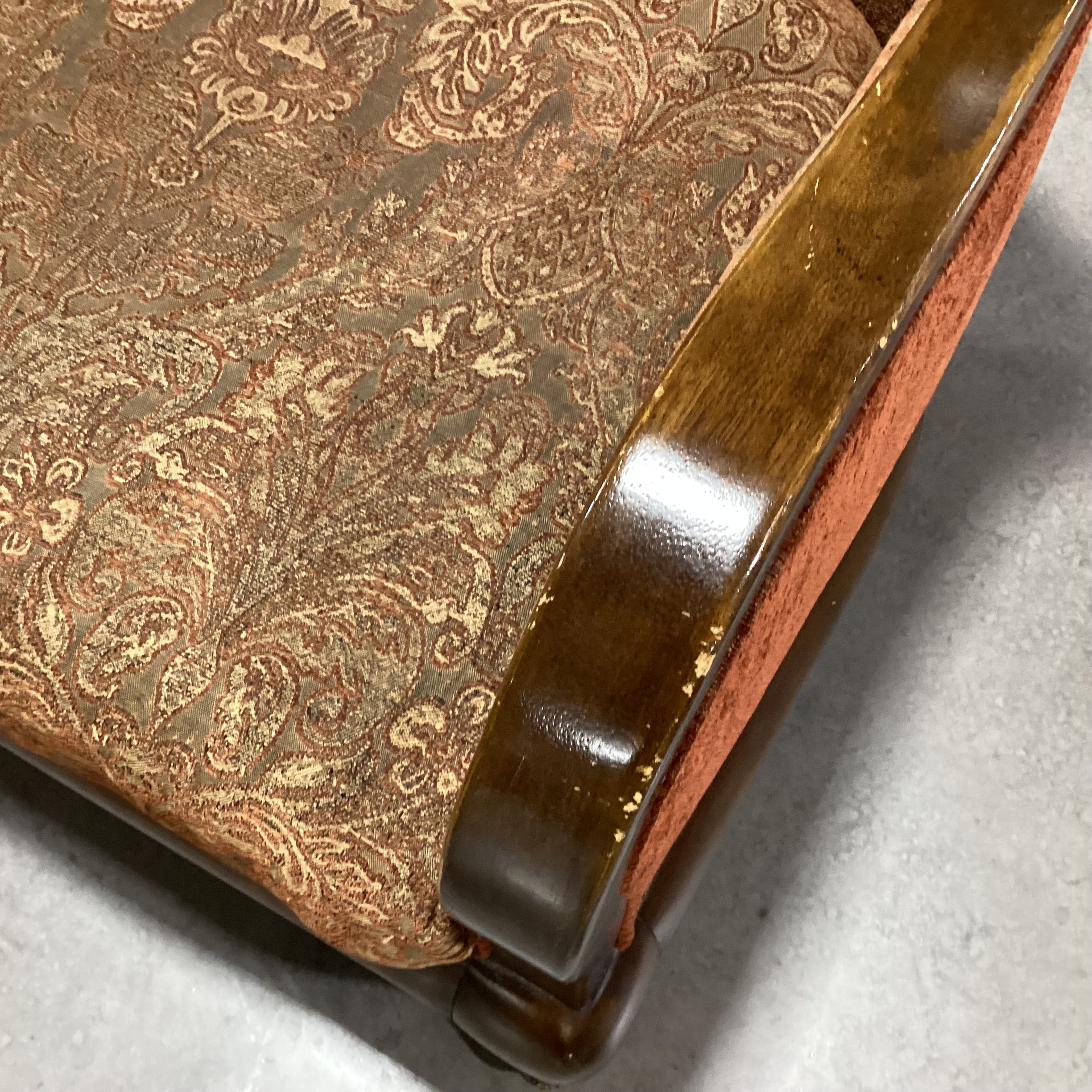 Vintage Carved Wood & Ornate Brown Burnt Orange Gold Upholstery with Raised Velvet Back Chair 29"x 31"x 38.5"