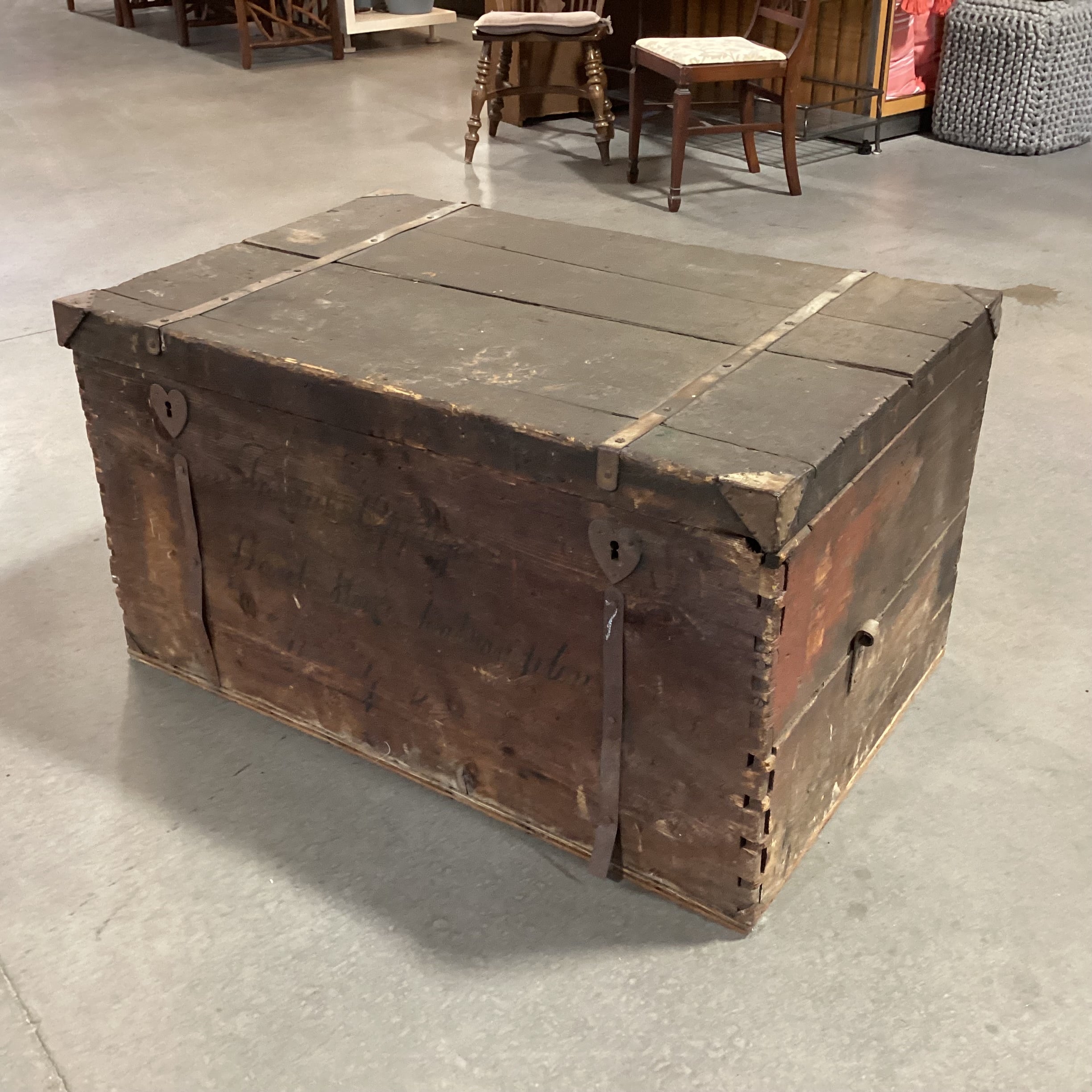 Antique Wood With Iron Bands & Heart Keyhole Trunk 42"x 28"x 23"