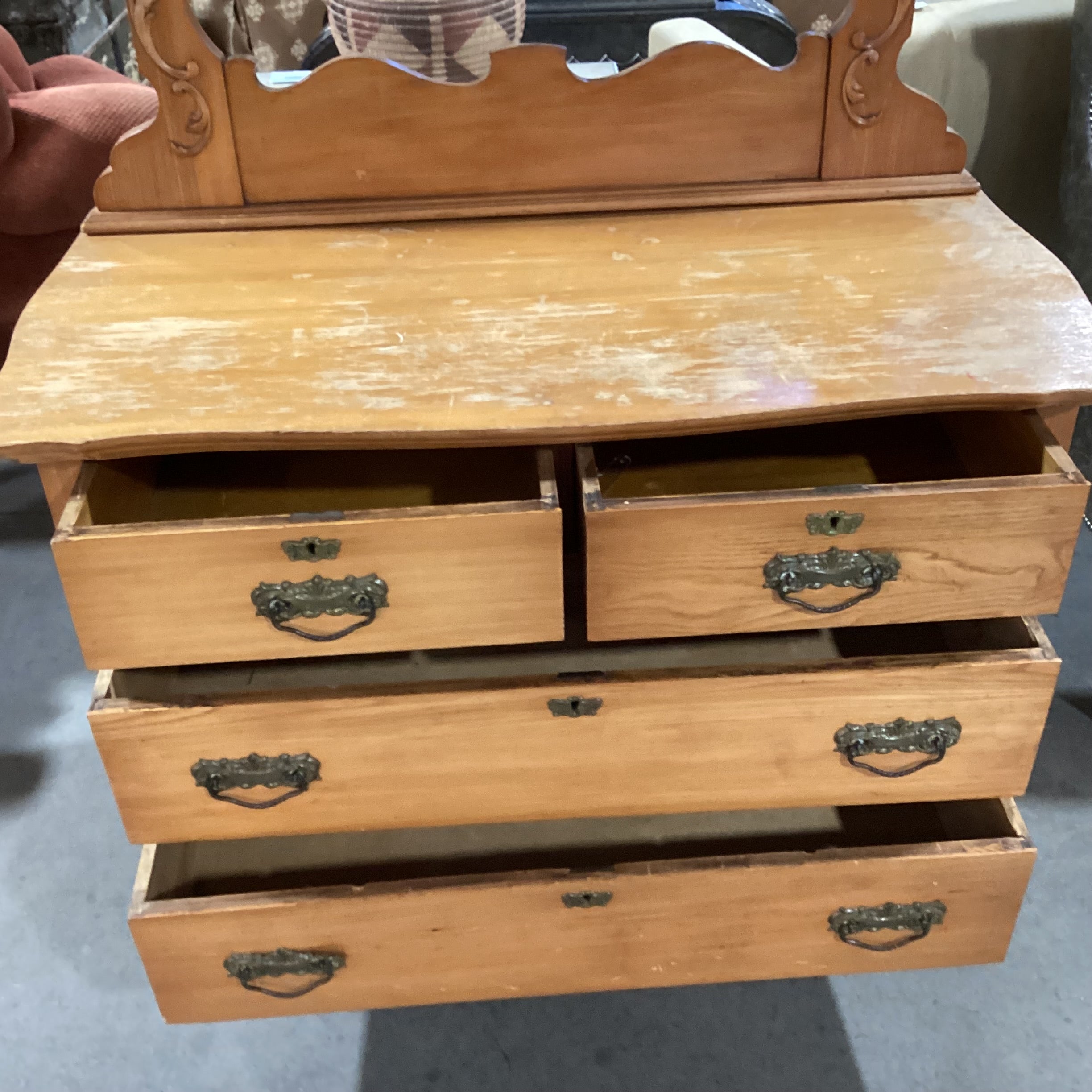 Antique Light Finish Wood 4 Drawer with Ornate Mirror Chest 43"x 22"x 67"