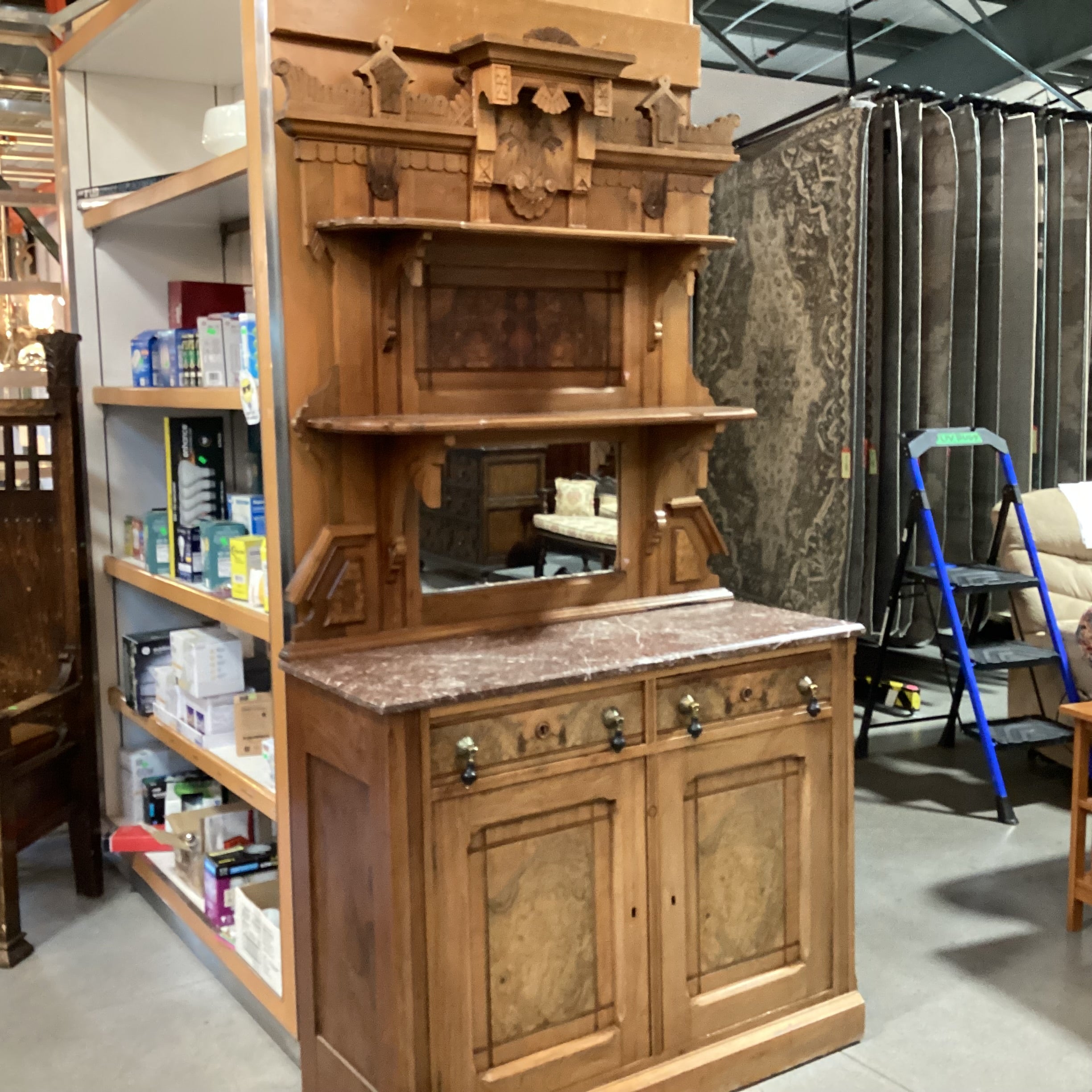 Antique Eastlake Style Carved Wood & Burl Veneer Marble Top with Mirror & Shelves 2 Piece Sideboard 46"x 19"x 85"