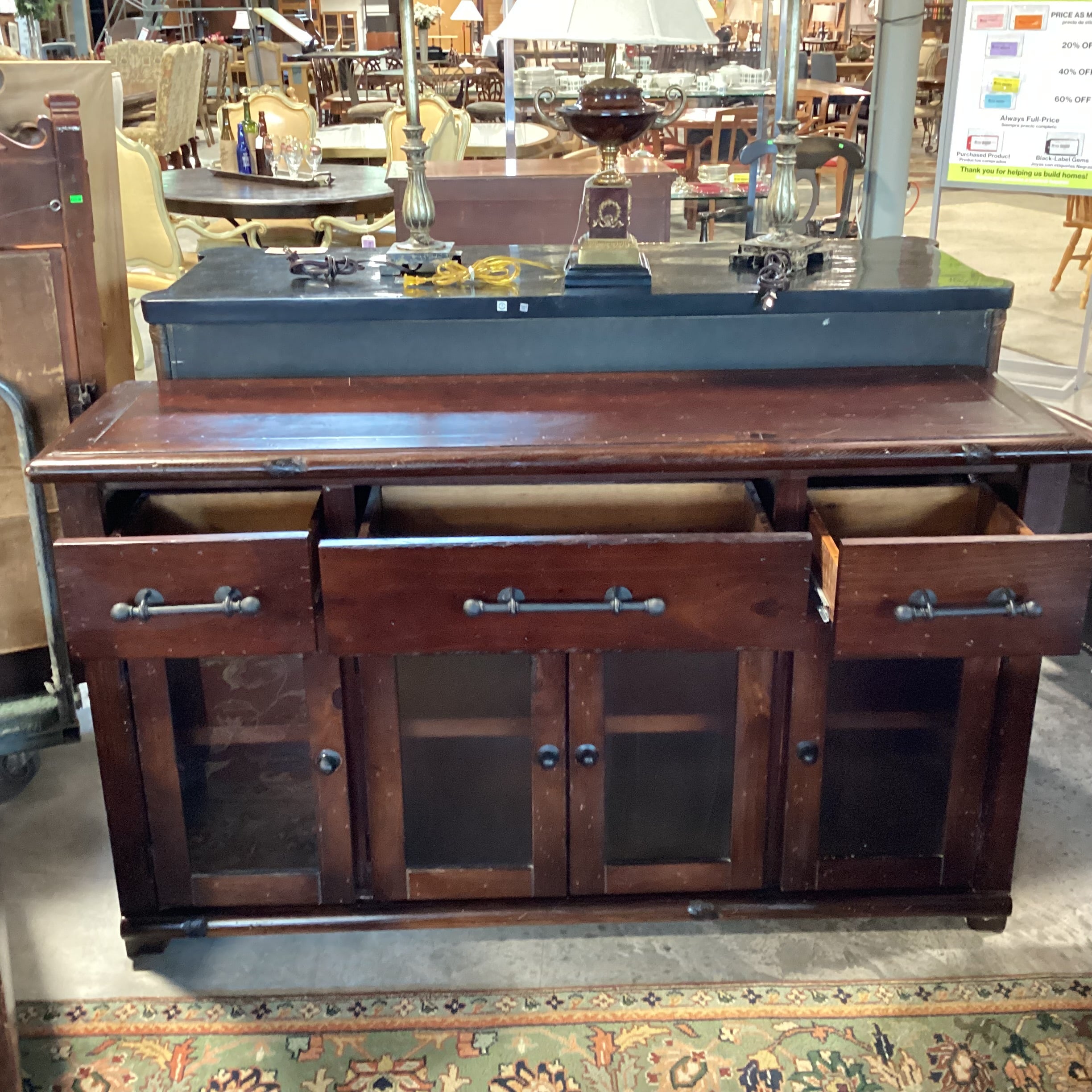 Dark Distressed Wood 4 Door 3 Drawer Rustic Console Credenza 61"x 17.5"x 35"