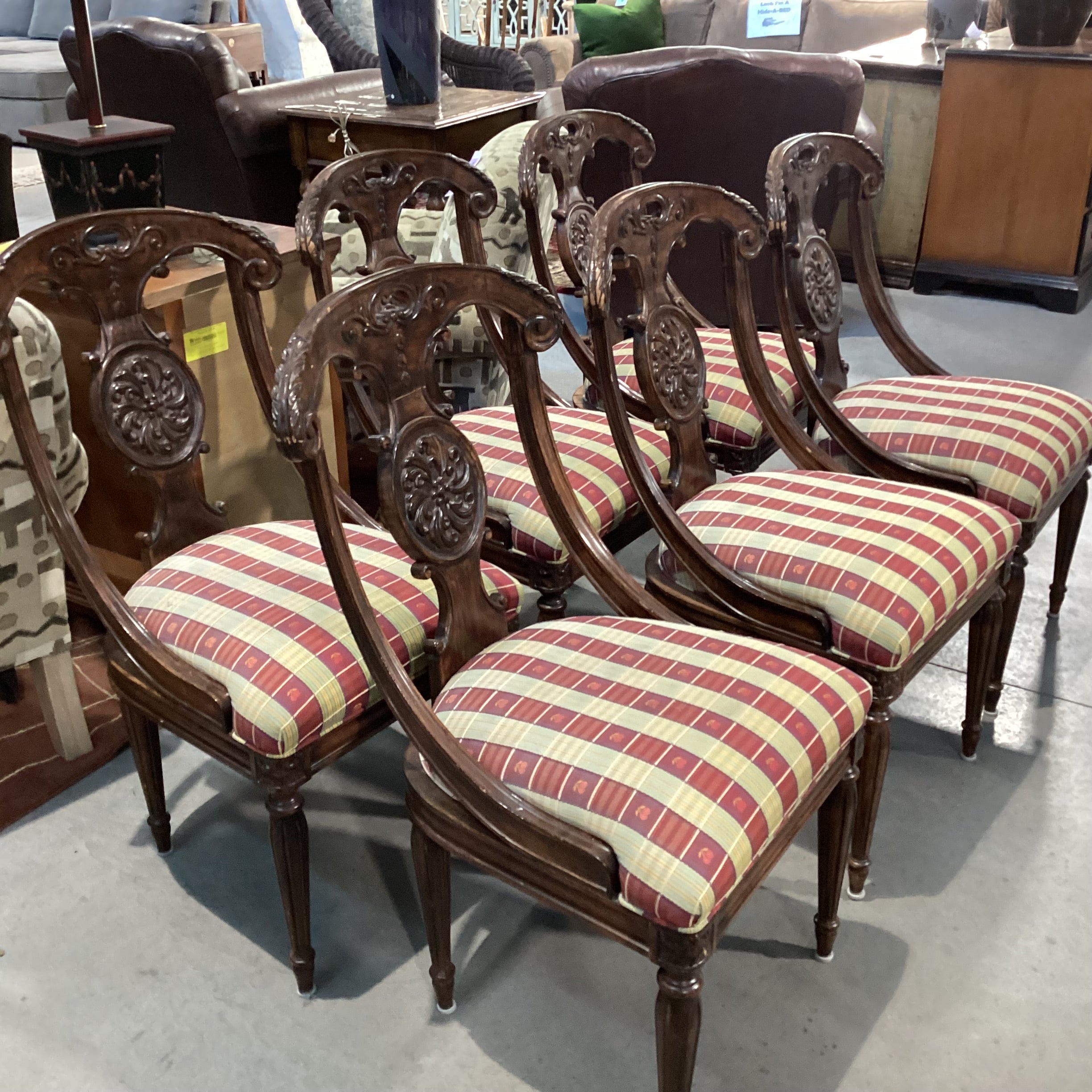 SET of 6 Ornate Carved Wood & Gold Red Cherry Ribbon Dining Chairs 20"x 24"x 38"