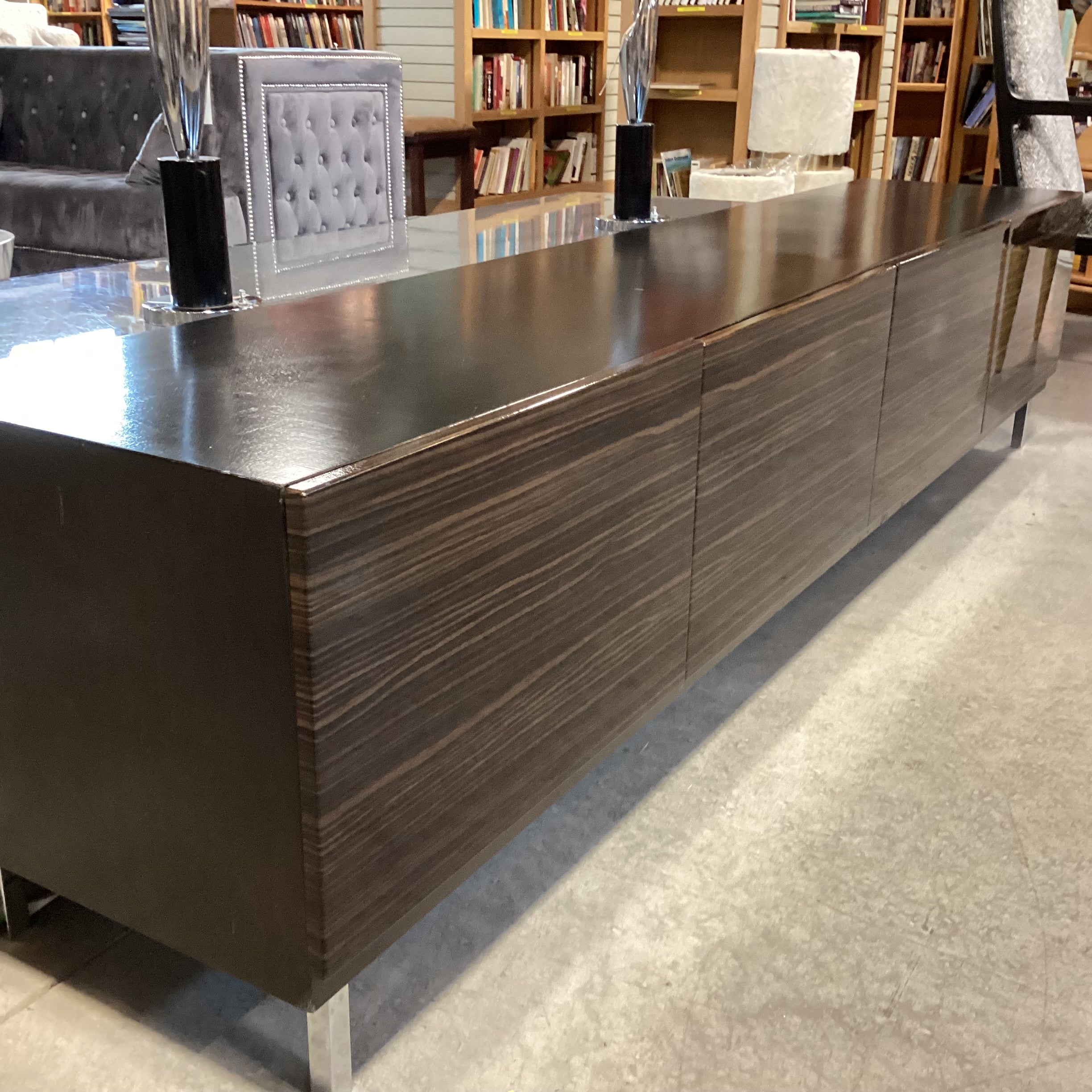 Modern Lacquered Macassar Ebony Veneer 4 Door Console Credenza 94"x 18.5"x 21.5"