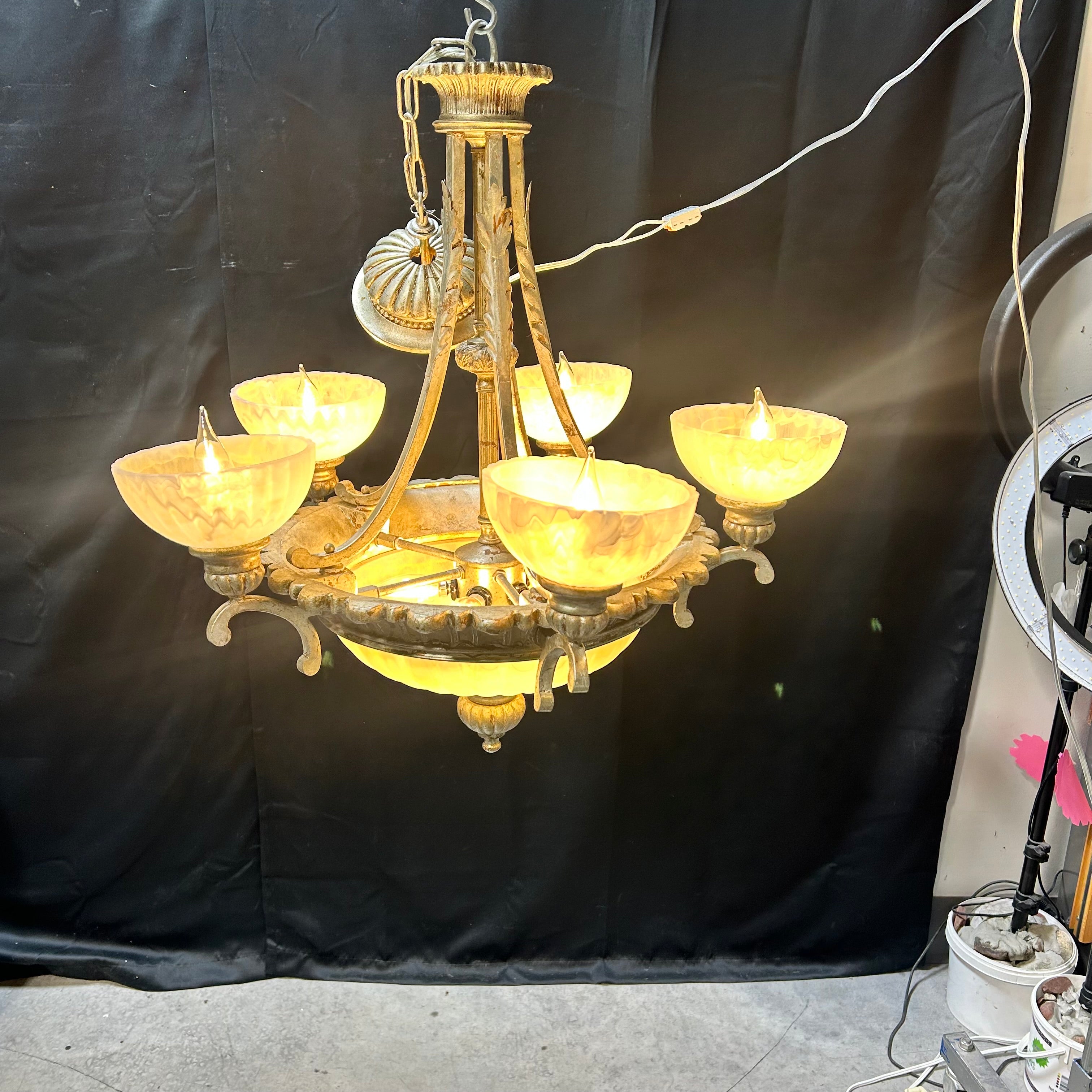 Neo-Classical 10 Light Metal With Marbled Glass Bowls 26"x 26"