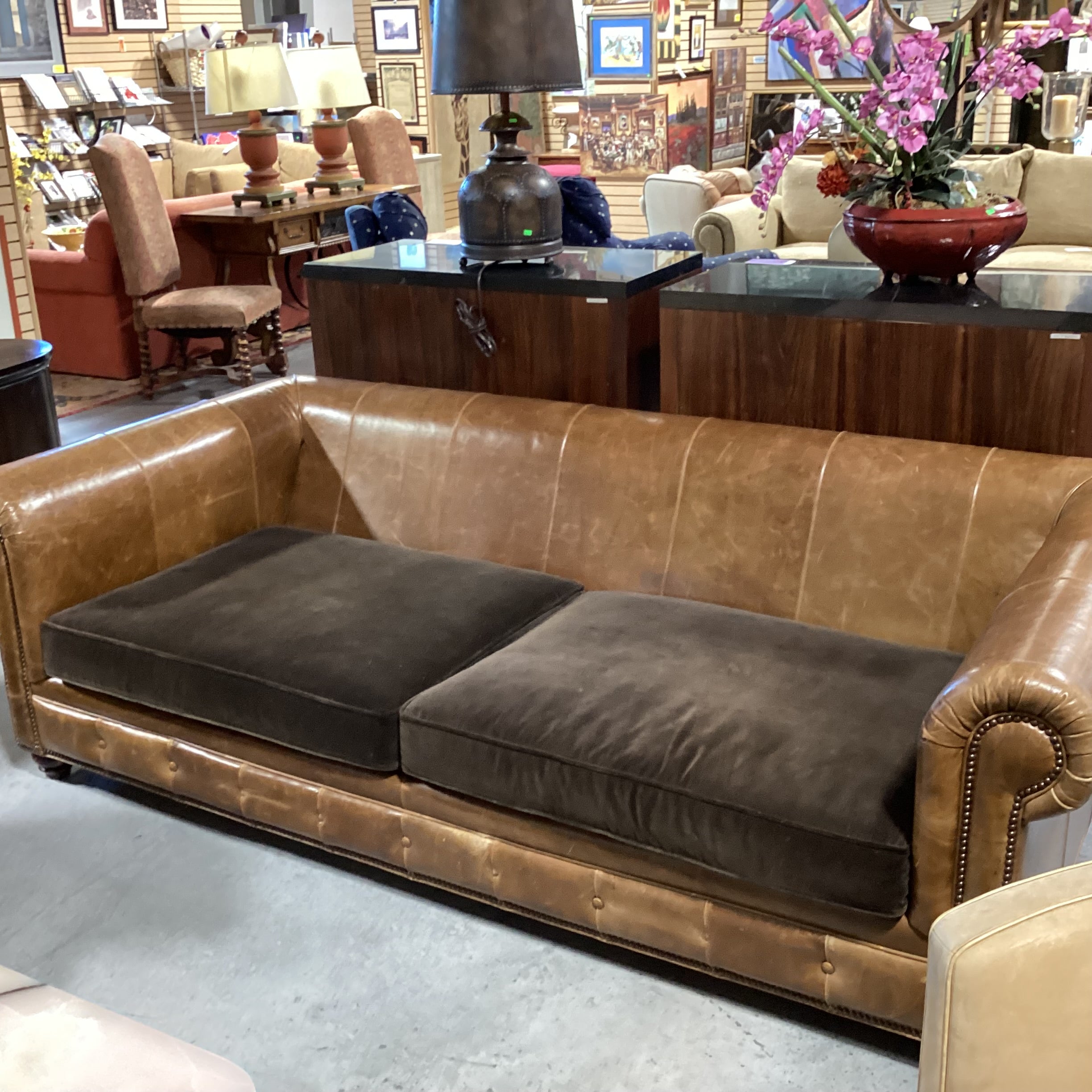 Leather Nail Head Roll Arm & Back with Brown Velvet Seat Cushions Sofa 94"x 46"x 30"