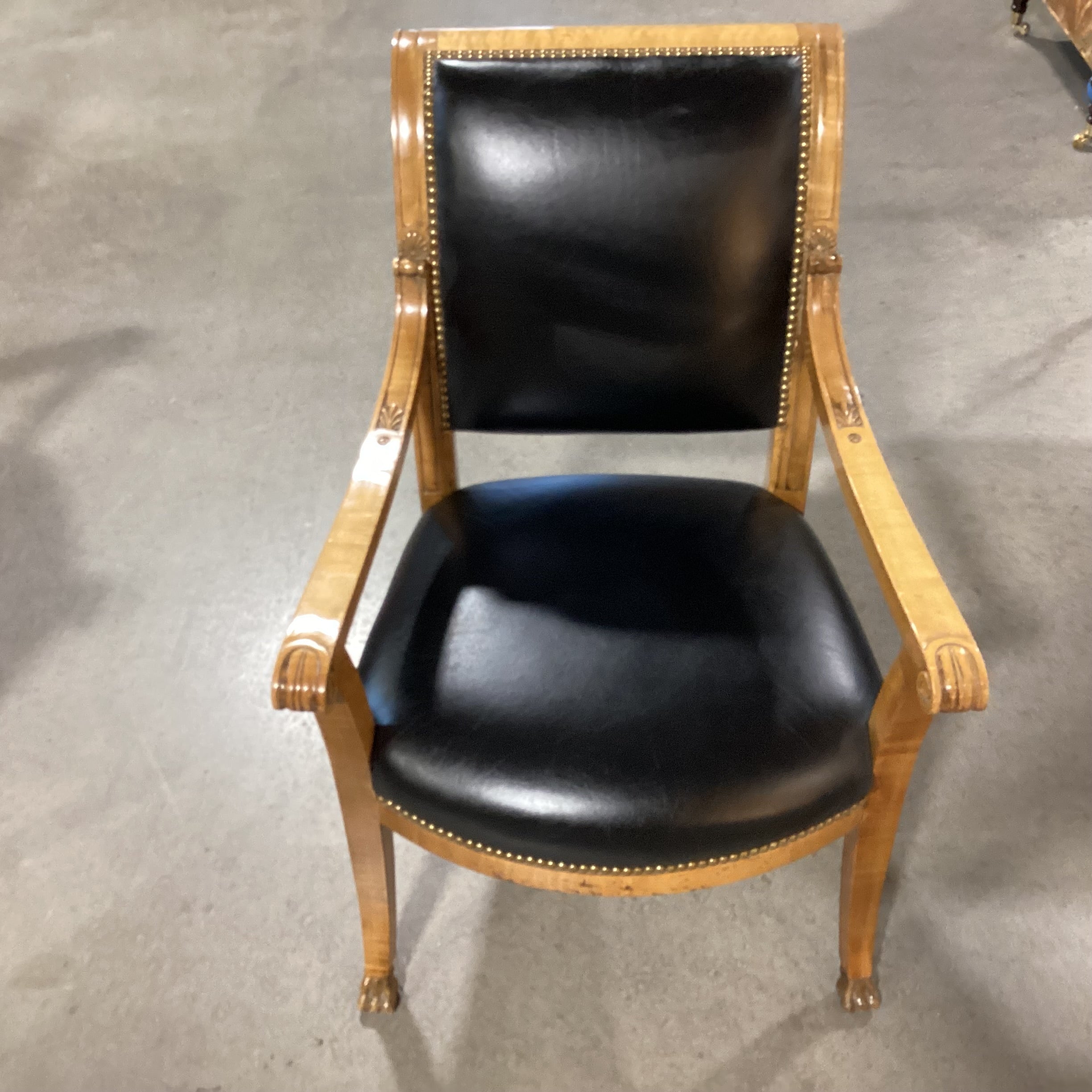 Brustlin Workshop Ornate Carved Wood Black Leather Nailhead Chair 25"x 28"x 35.5"