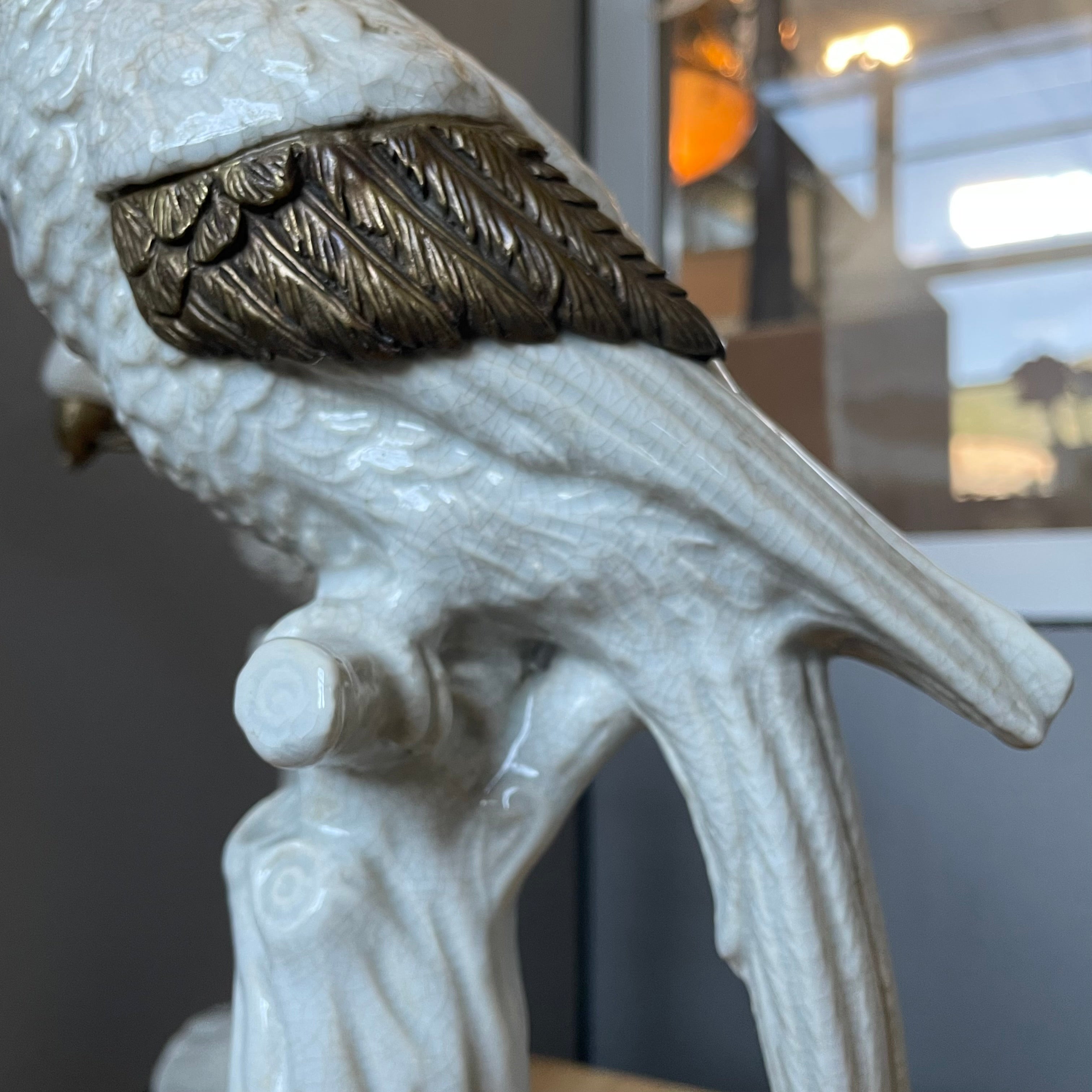 Castilian Imports White Glazed Porcelain with Brass Base Cockatoo Candlesticks, Pair