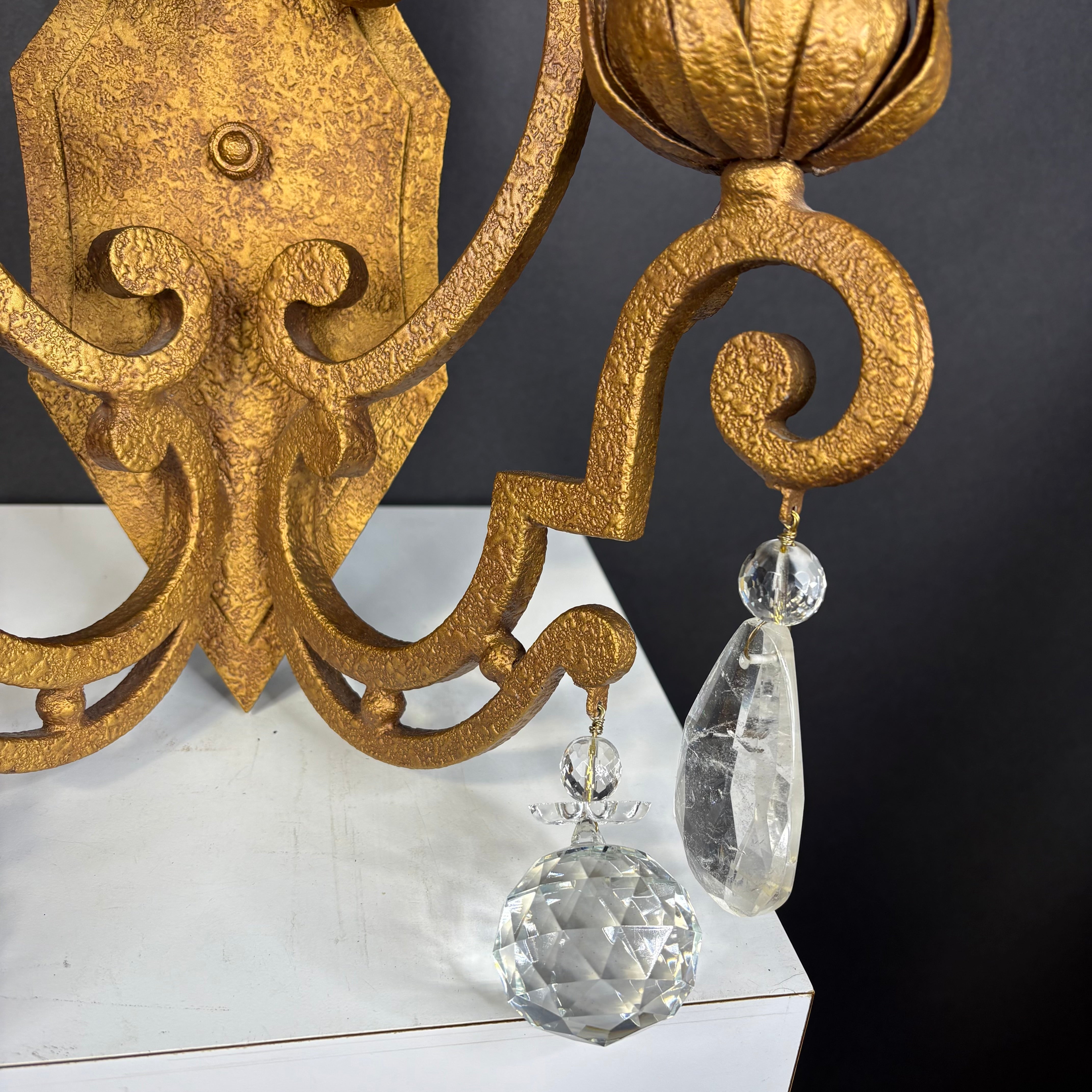 Hollywood Regency Style 2-Light Textured Gold Finish Metal and Crystal Accents Wall Sconce 13”x 26”x 7”