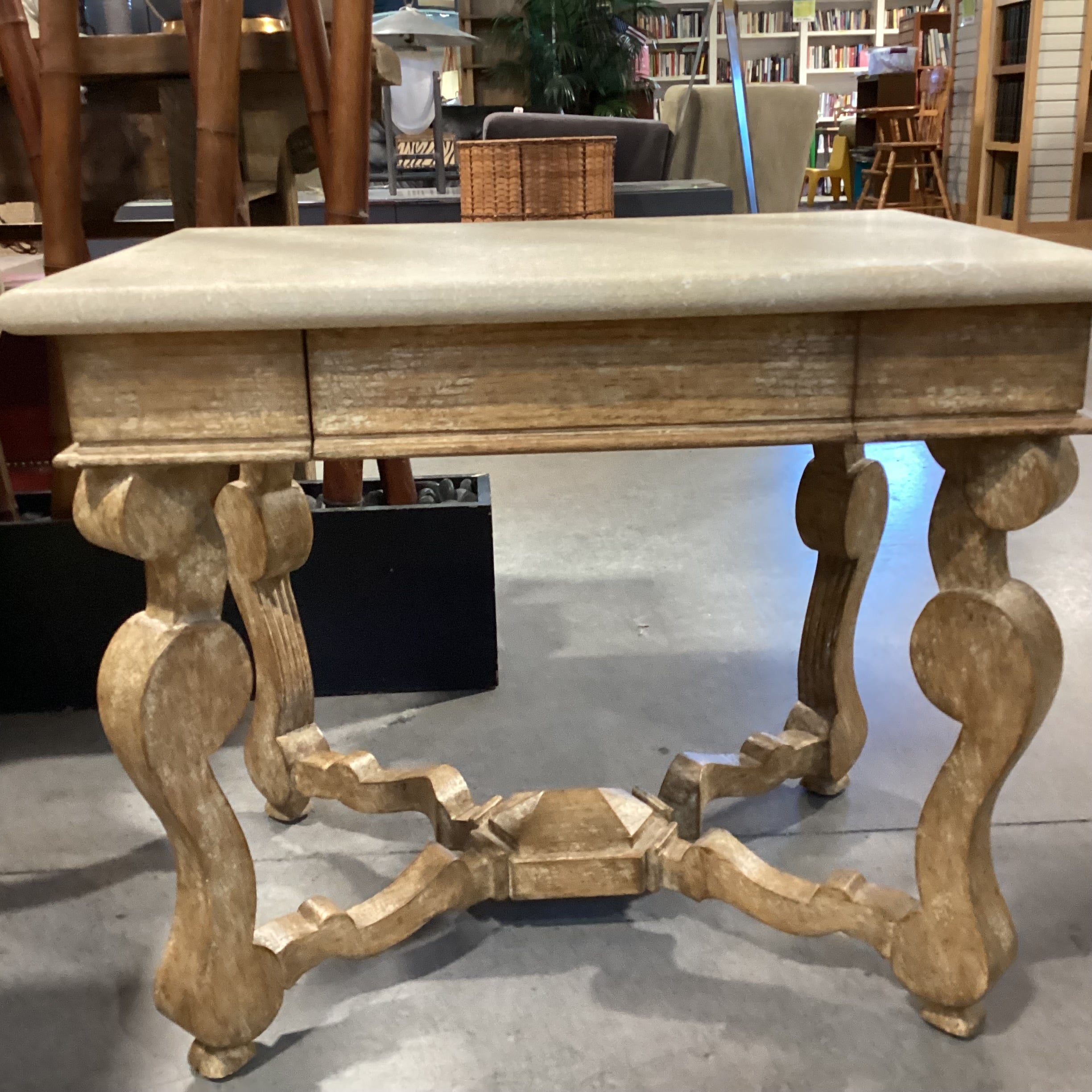 Blonde Antiqued Distressed Finish Carved Wood & Stone End Table 28"x 20"x 24"