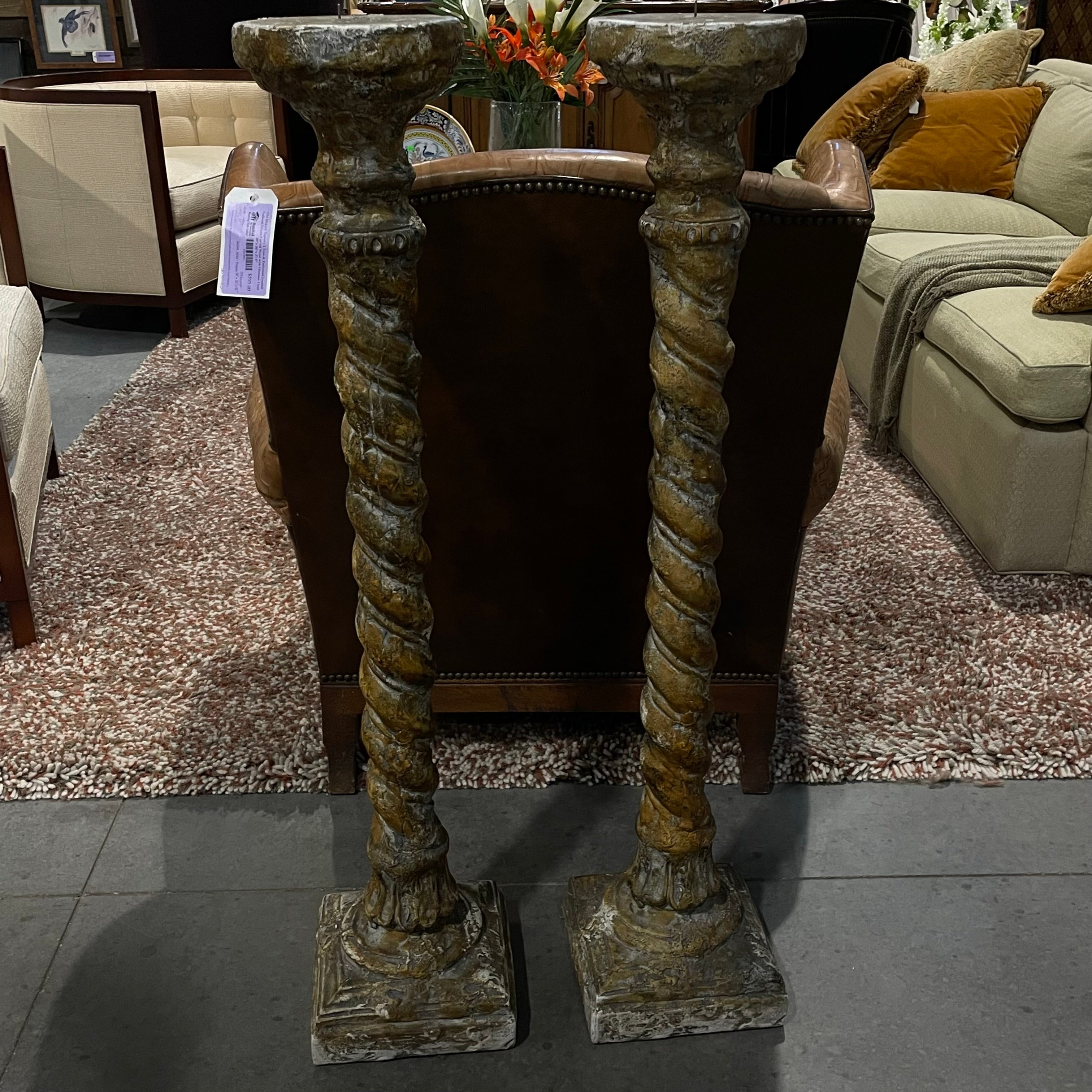 Vintage Original Signed Attila Tivadar Reproduction Cast Stone Composite Neoclassical Barley Twist Candle Holders, Pair