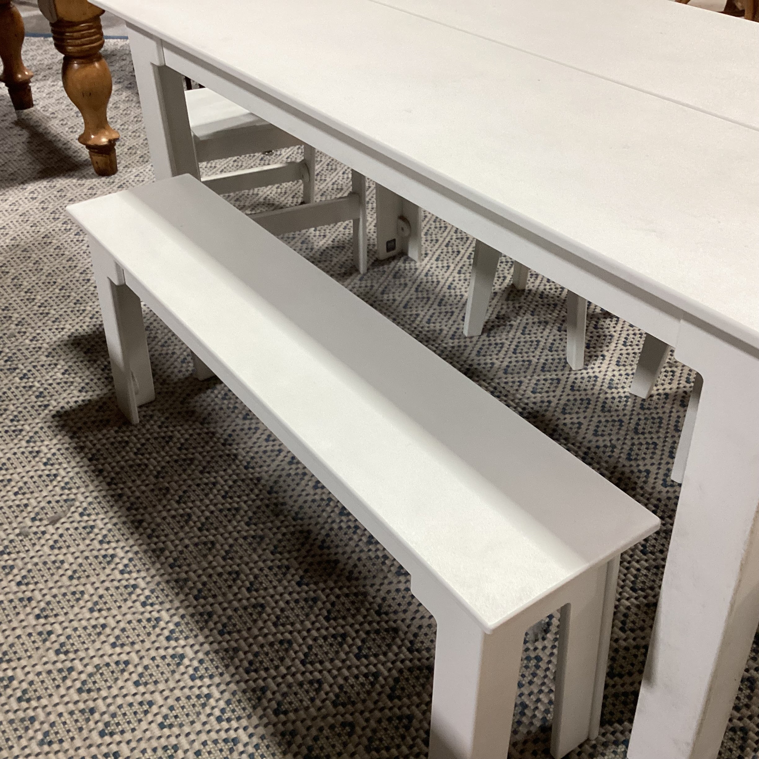 lOll White High Density Plastic Table with 2 Chairs 2 Stools 1 Bench Dining Set 62"x 30"x 30"