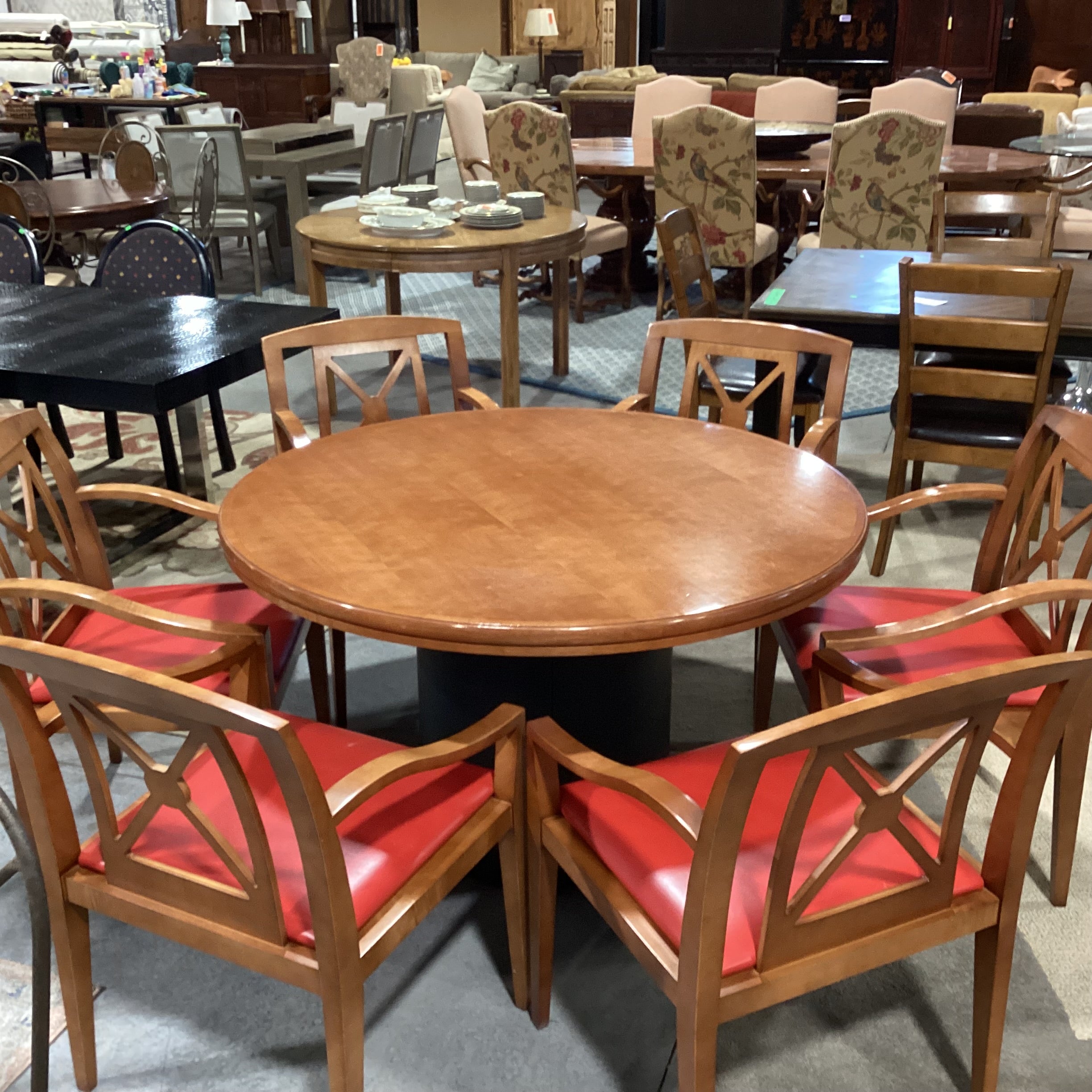 Round Finished & Pressed Maple Black Leather Like Pedestal Table with 6 Red Leather Like Chairs Dining Set 48" Diameter x 29"
