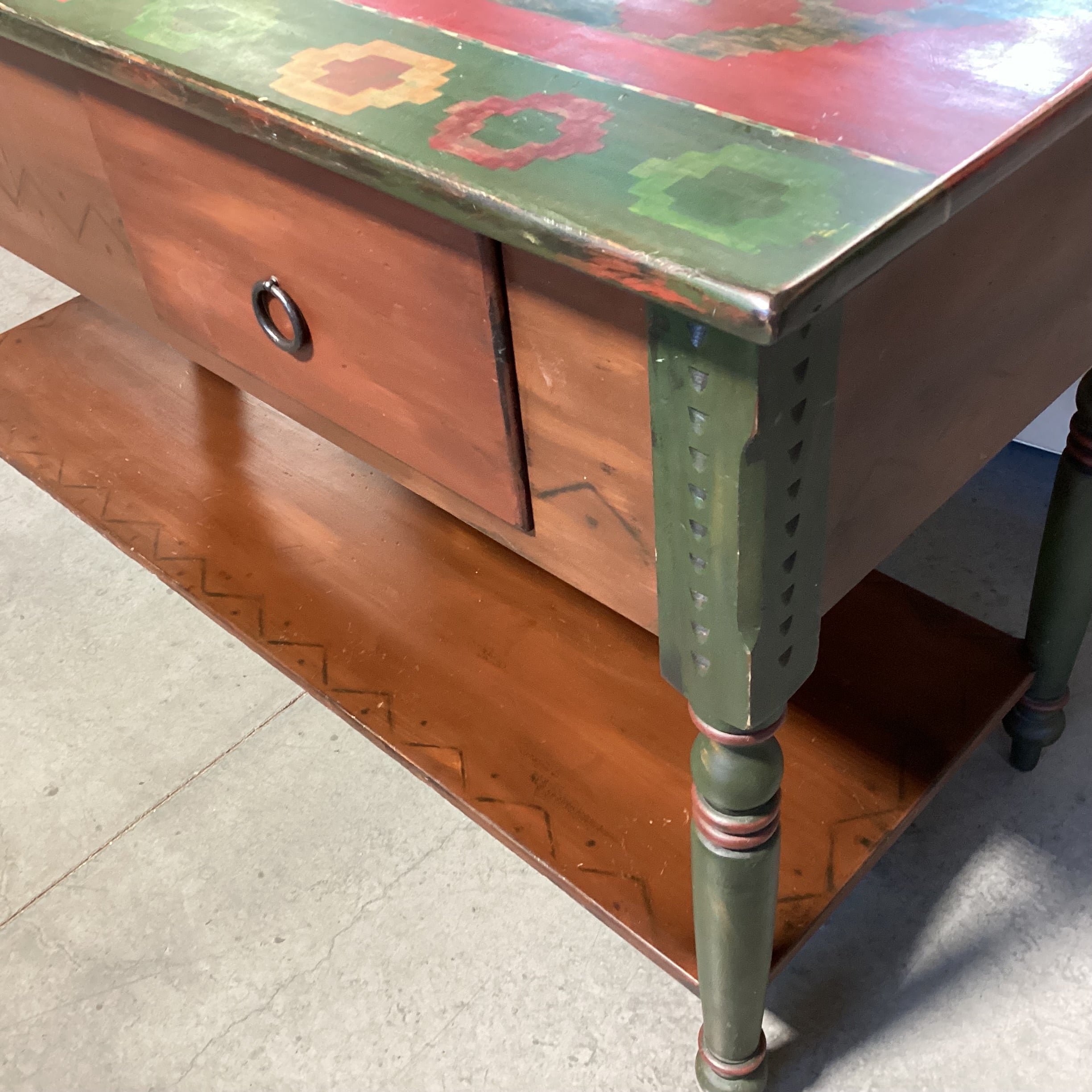 Red & Green Southwest Hand Painted Carved Wood 2 Drawer & Bottom Shelf Console 65"x 27"x 36"