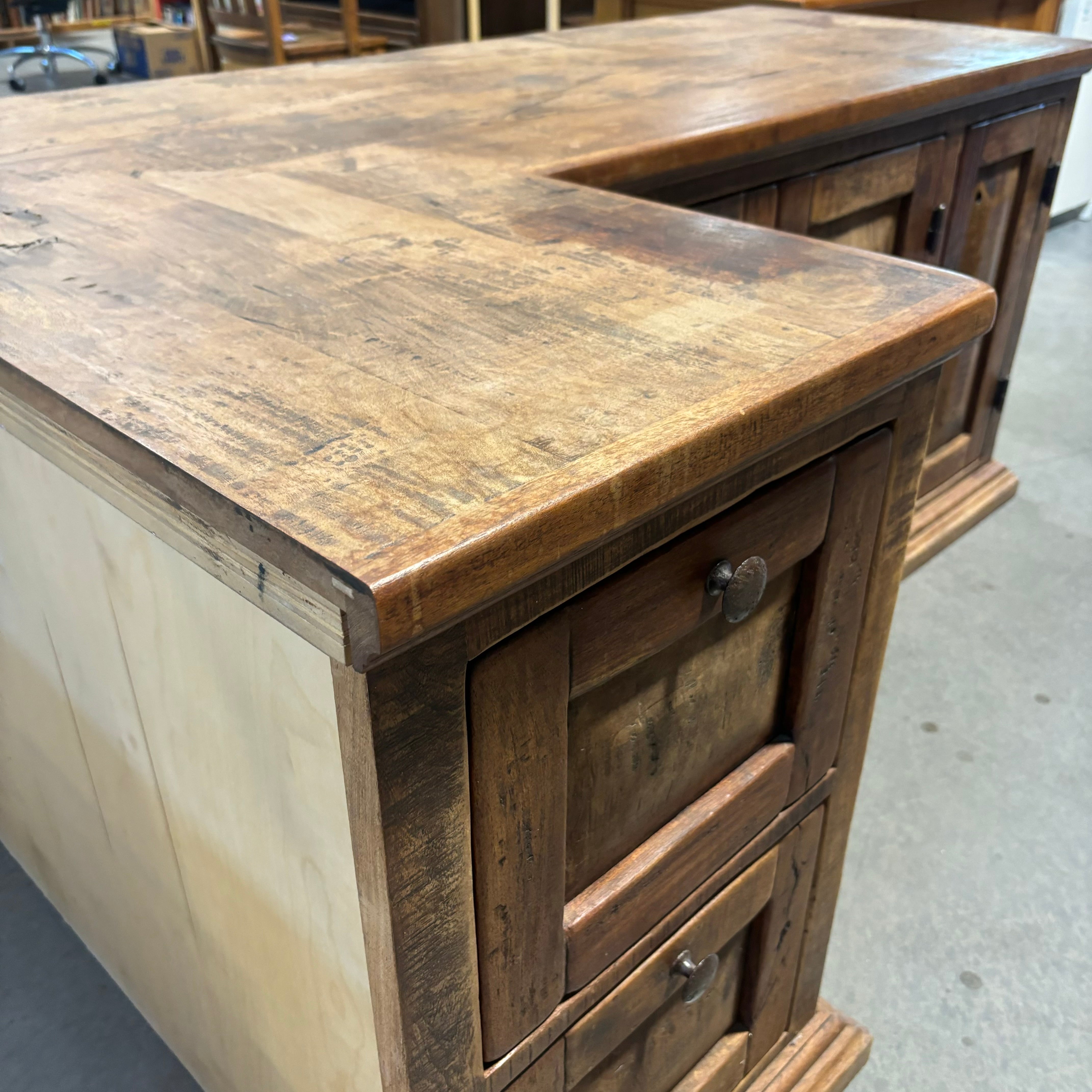 Custom Natural Distressed Wood with Iron Accents L Shaped Desk 66"x 41.5"x 30"