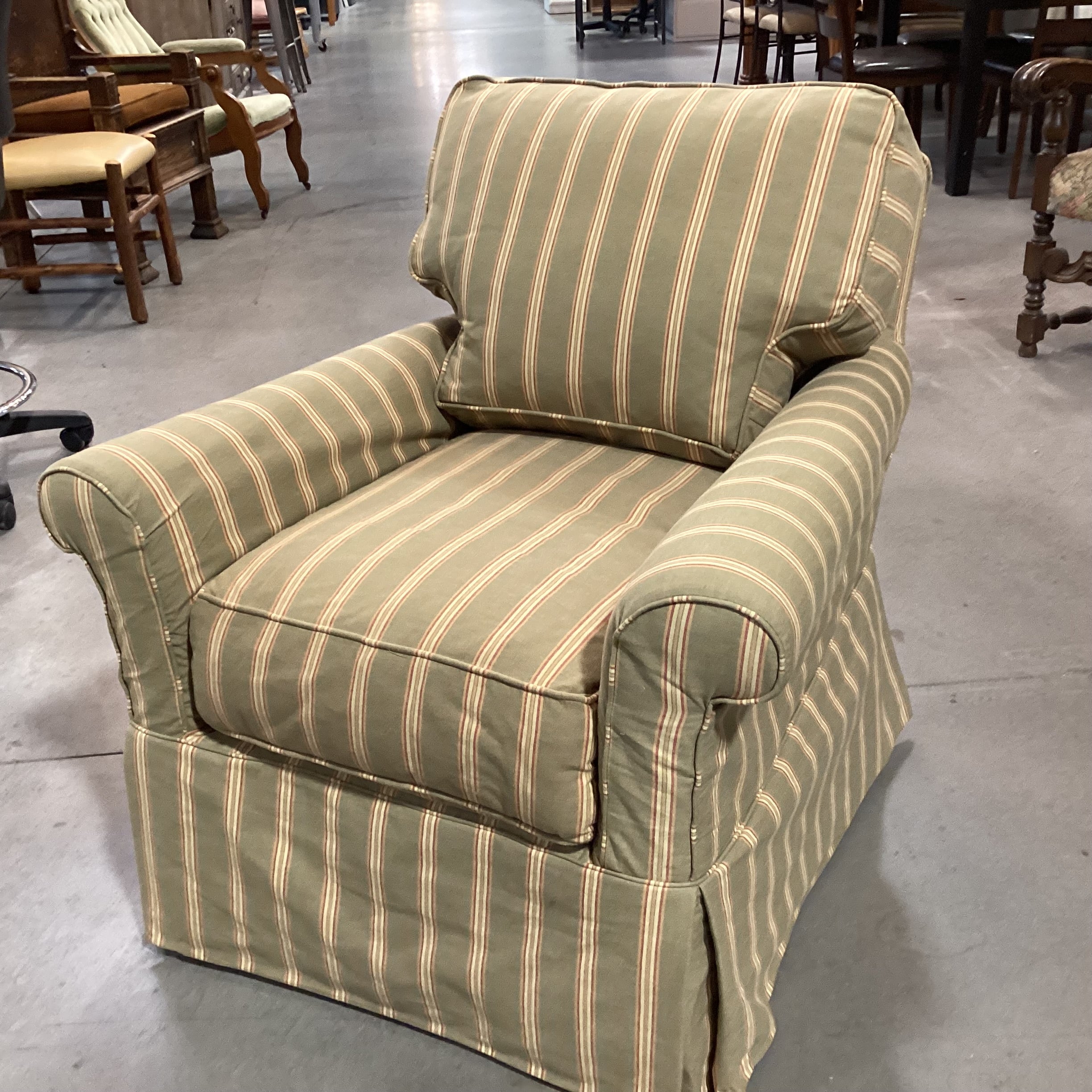 Crate & Barrel Lee Industries Sage with Gold Red Stripe Slipcovered Chair 33"x 36"x 32"