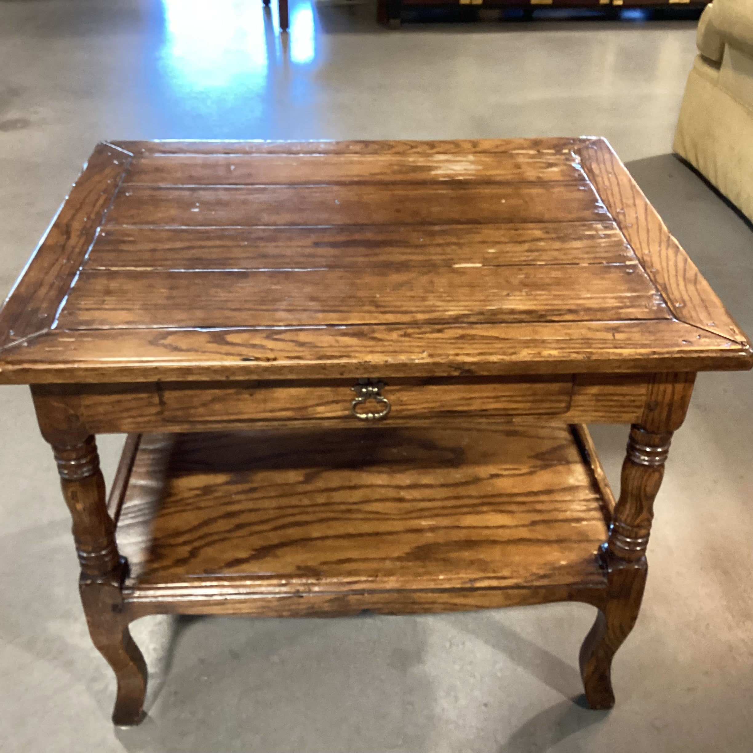 Distressed Finish Carved Oak 1 Drawer & Shelf End Table 30"x 24"x 24"