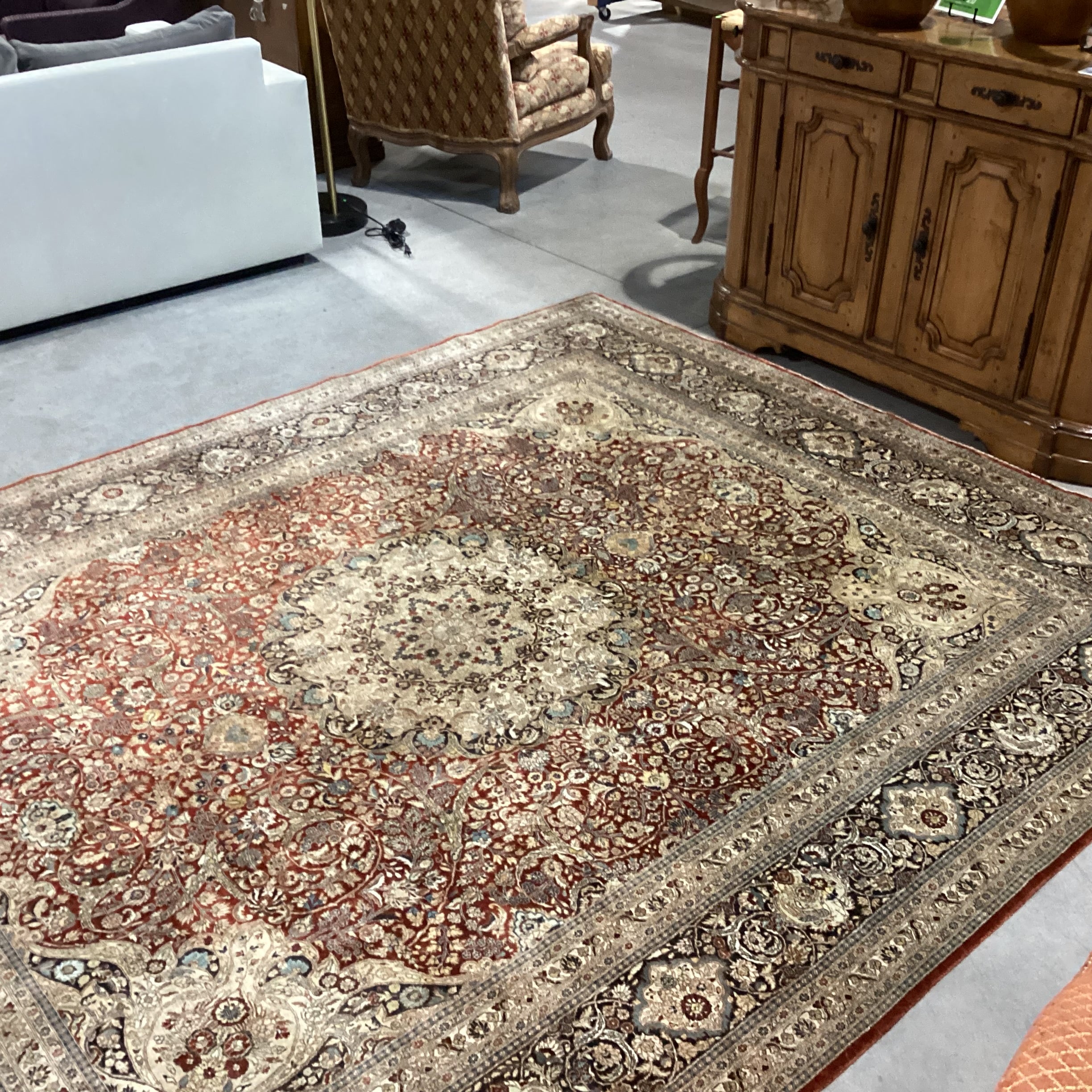 Persian Cream Rust Red Black & Blue Hand Woven Silk Rug 8'1"x 10'1"