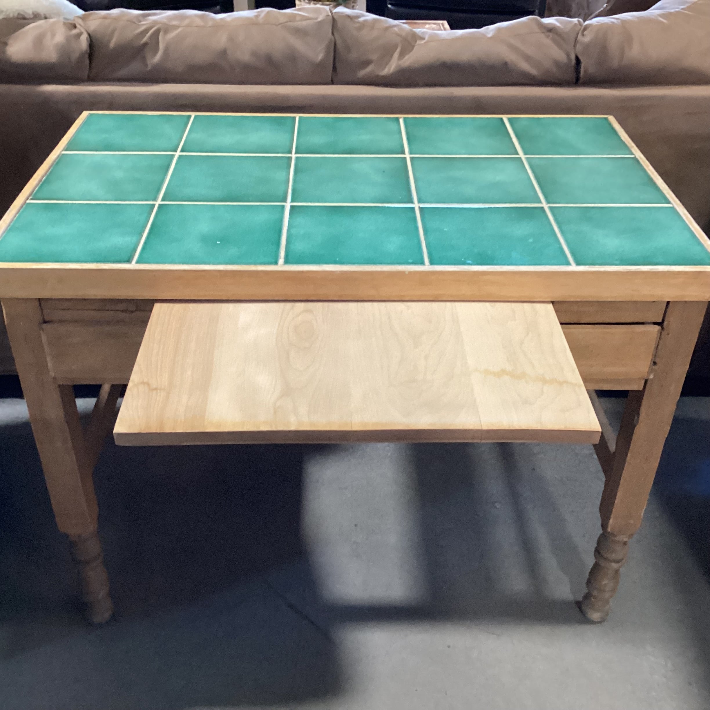 Vintage Natural Wood with Green Tile Inset Top 2 Drawer Kitchen Island Table 41.5"x 25.5"x 30.5"