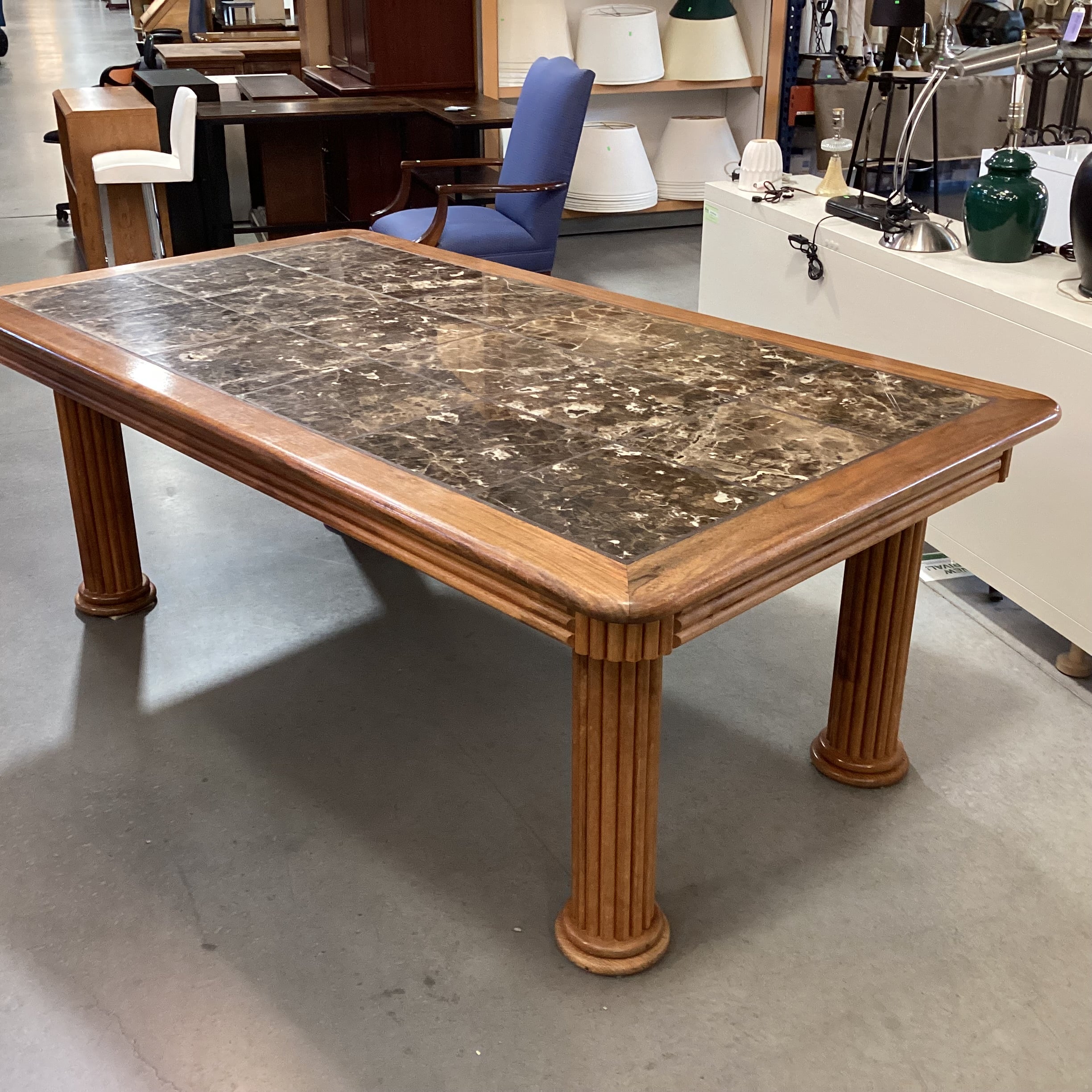 Oak with Ribbed Detail Column Legs & Stone Tile Inset Dining Table 82"x 45"x 30"