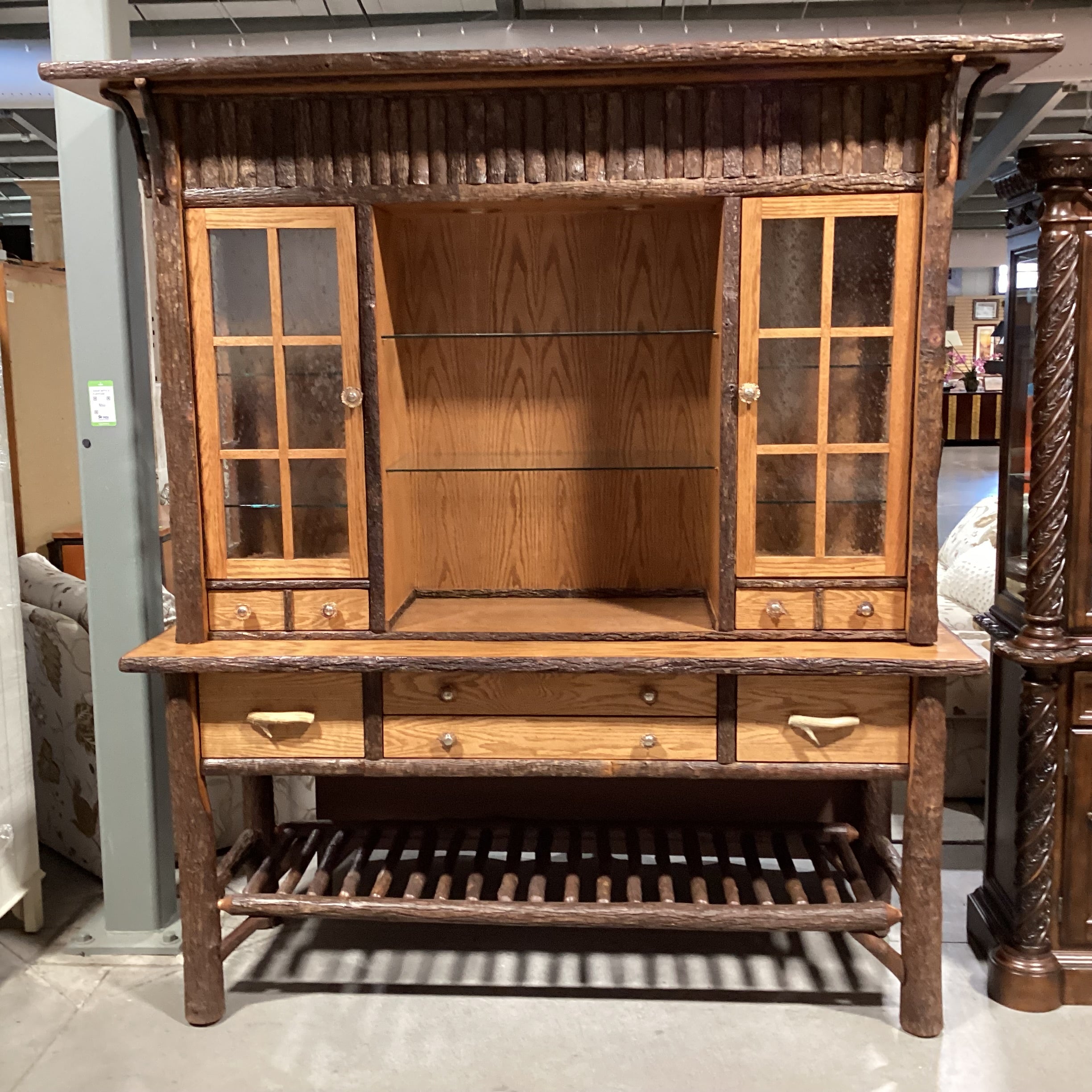 Old Hickory Lodge Craft Big Ranch Hickory Log Oak & Veneers Antler Style Pulls 2 Piece China Hutch 82"x 25.5"x 85"