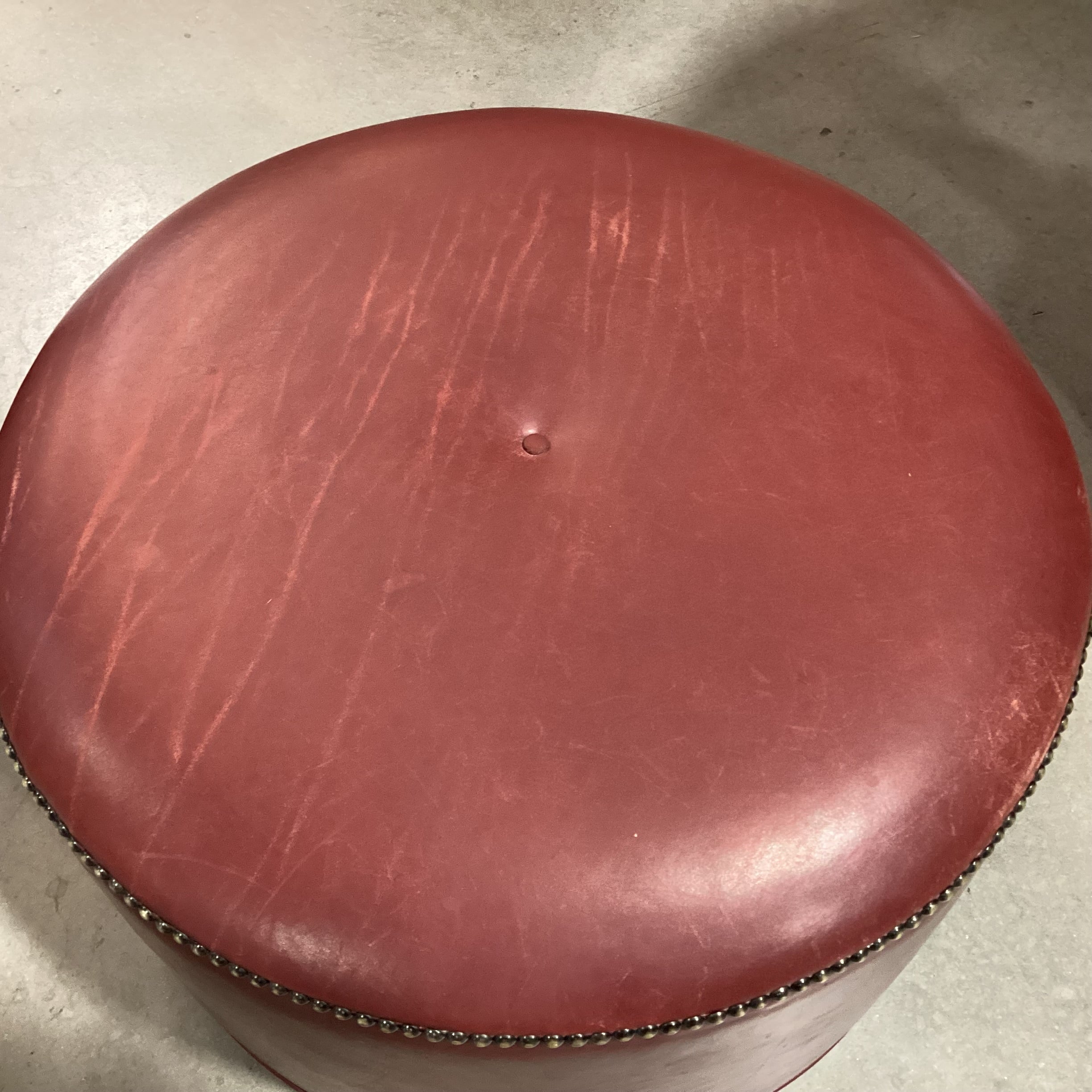Stewart Furniture Design Red Tone Leather Nailhead Round Ottoman 27" Diameter x 16"