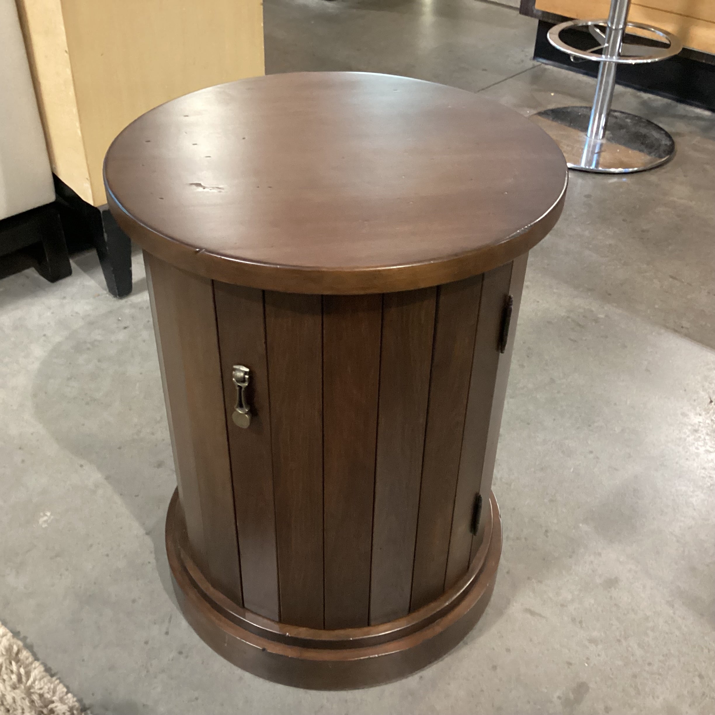 Dark Finish Column Round 1 Door Cabinet End Table 20" DIameter x 26"