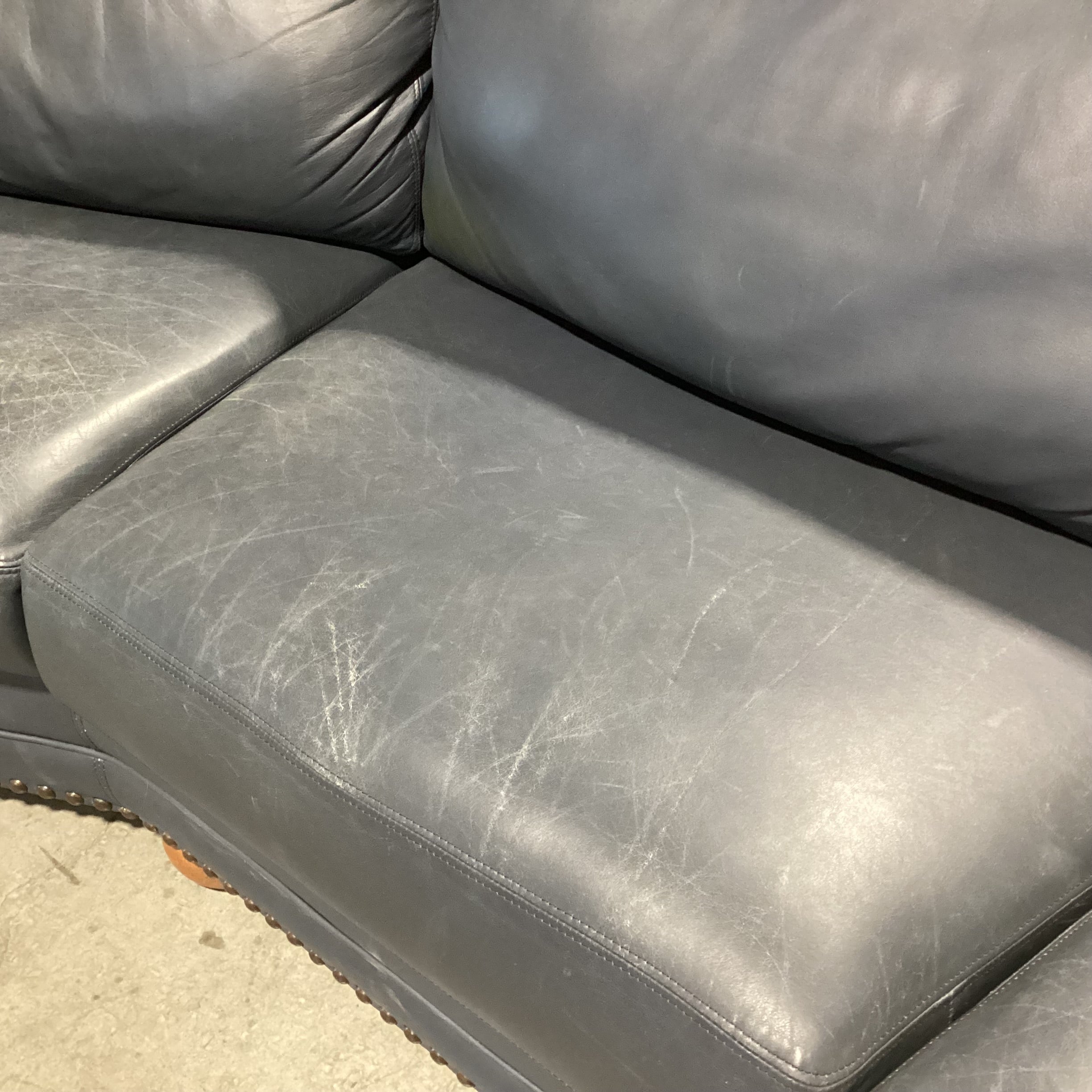 Creative Leather Furniture HighPoint Collection Angled Navy Leather Nailhead Sofa 120"x 54"x 36"