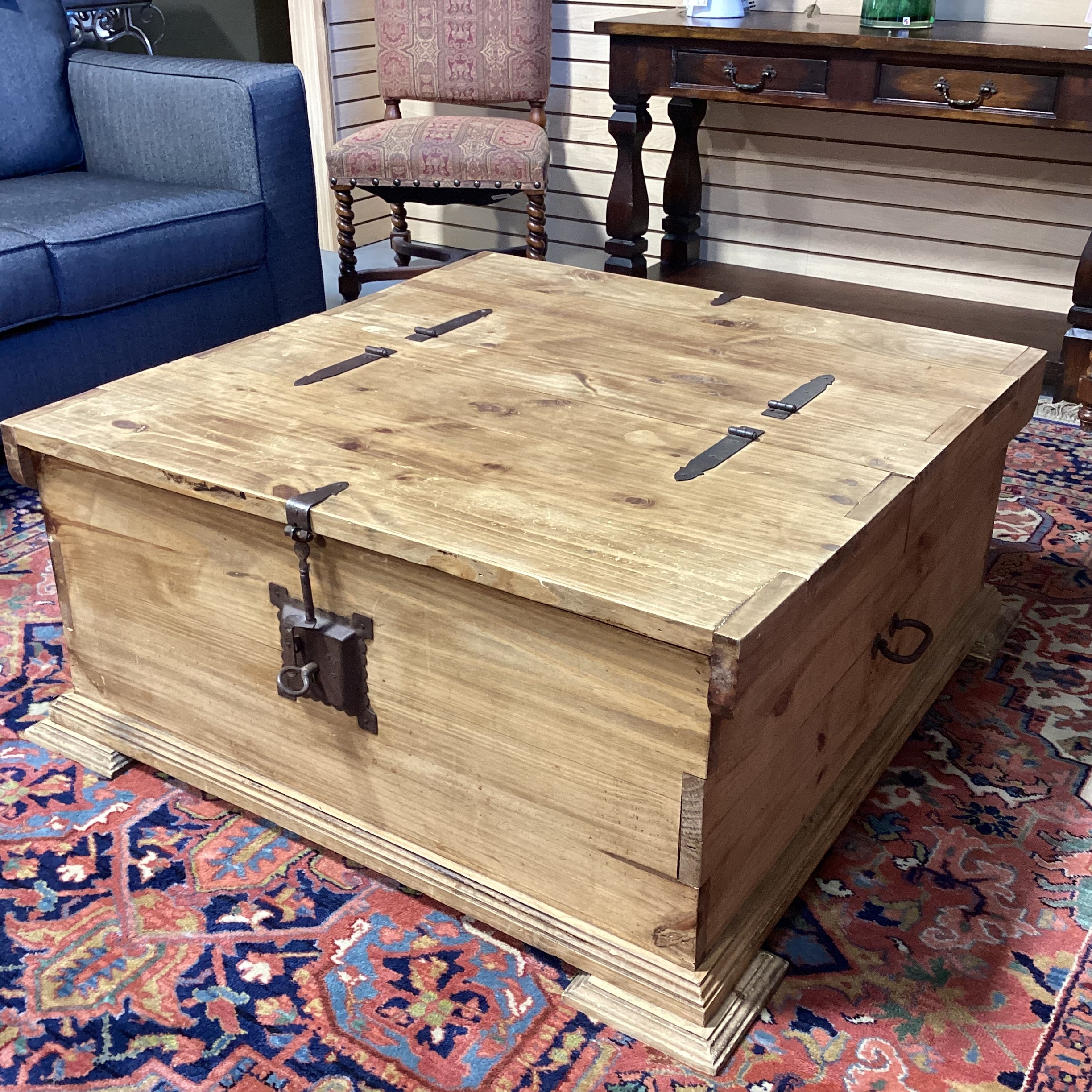 Rustic Pine with Iron Accent Trunk Style with 2 Lift Door Top Storage Coffee Table 41.5"x 43.5"x 18.5"