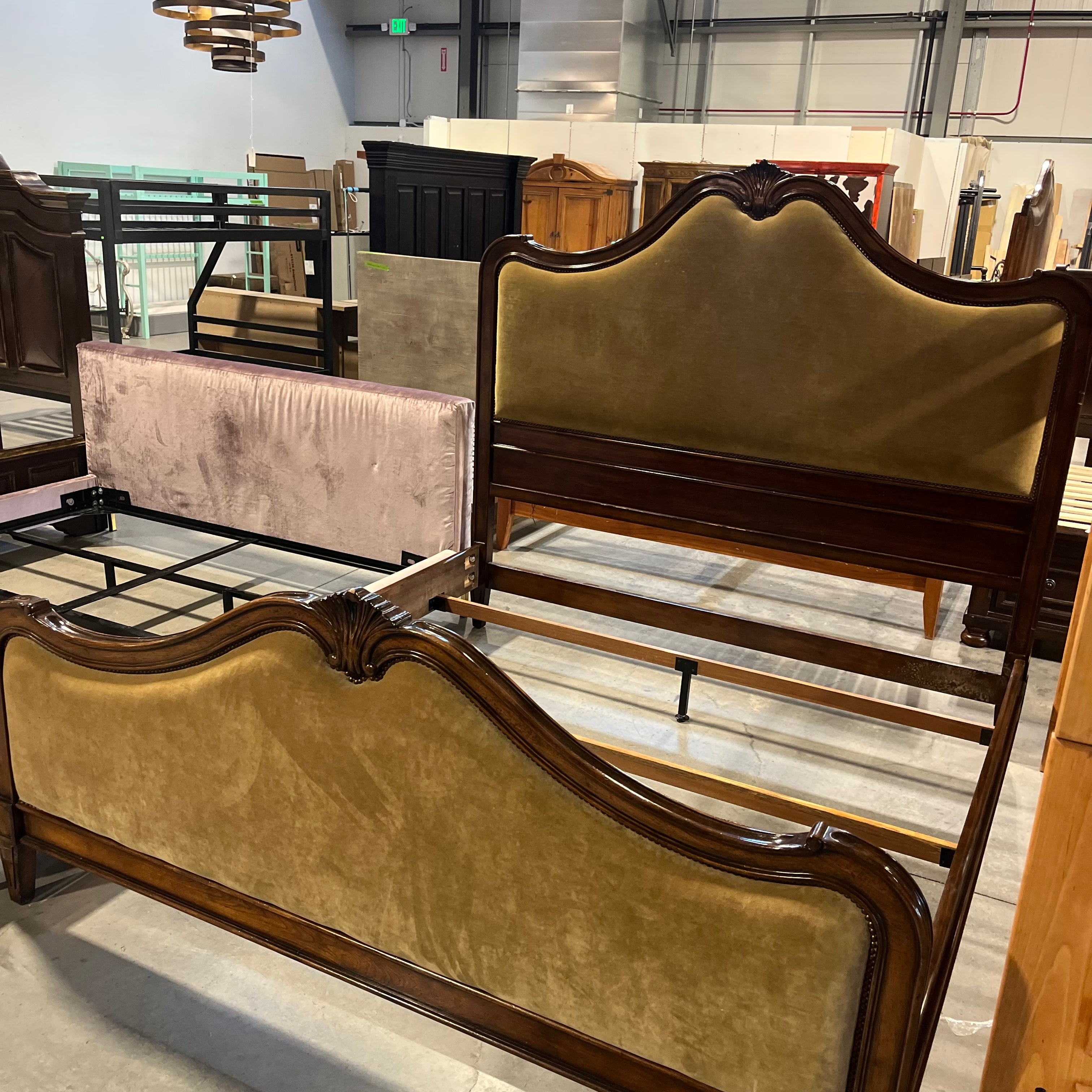 King Solid Wood With Tan Velvet Head and Foot Board and Nail Head Bed Set